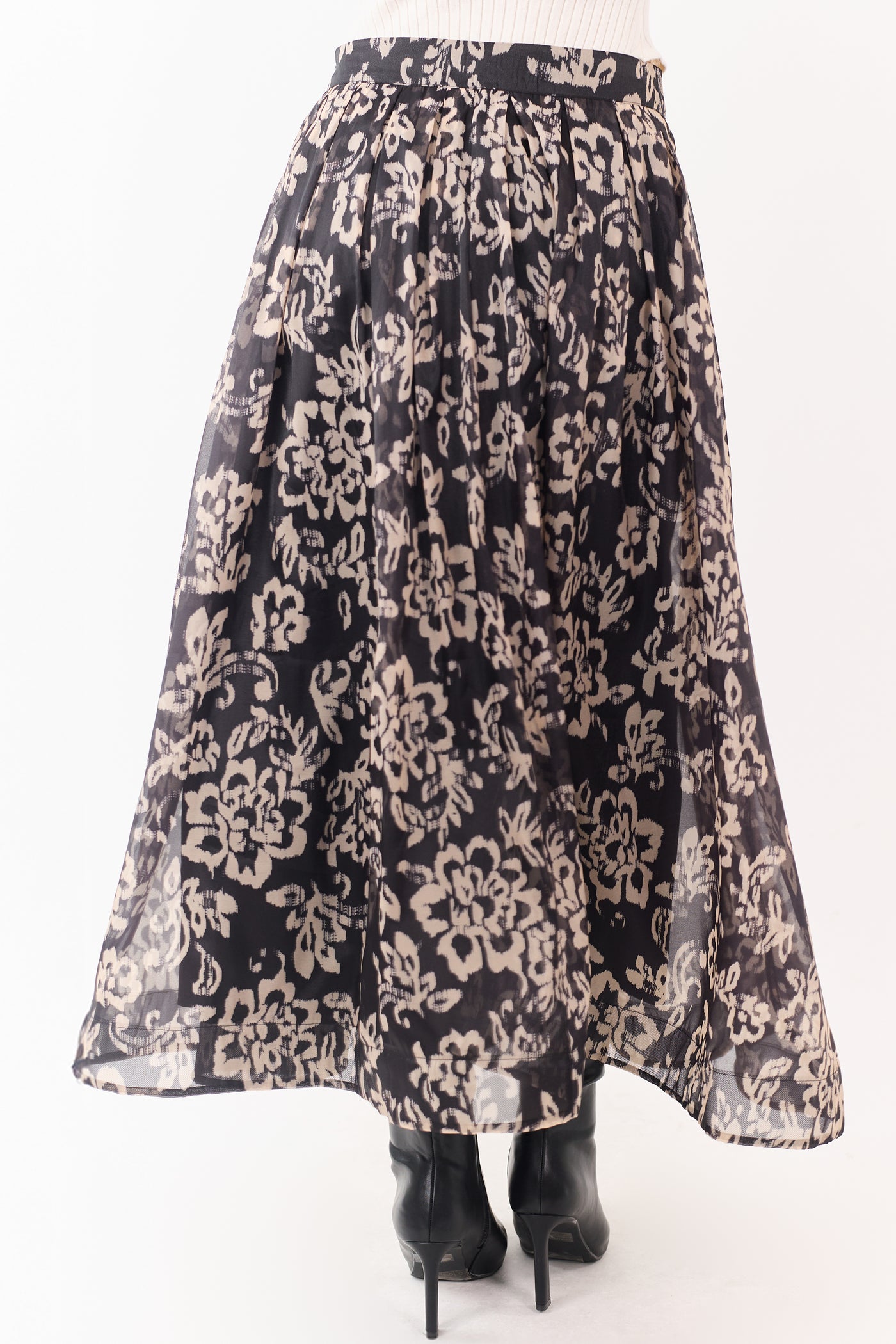 Black and Latte Floral Print Pleated Midi Skirt