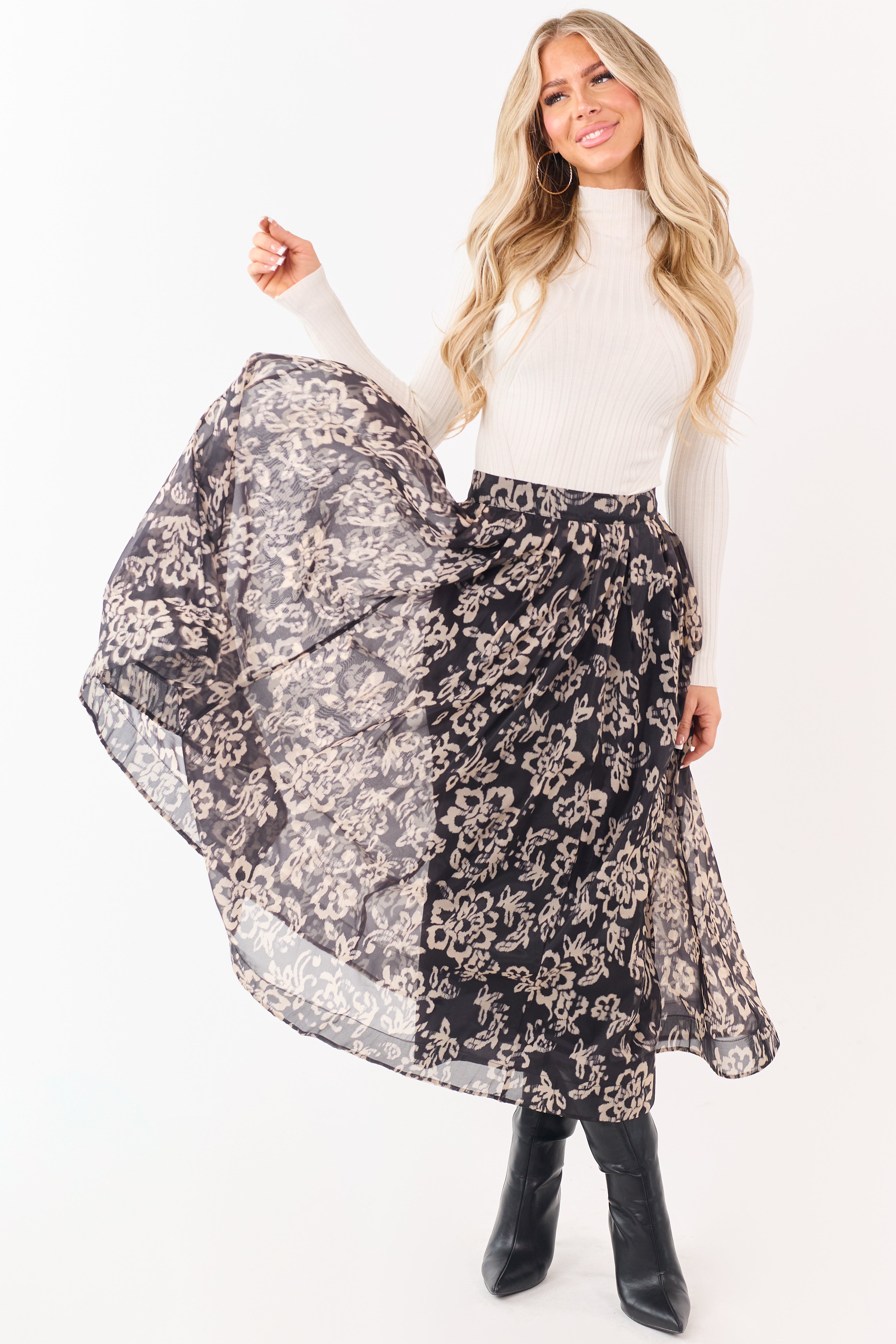 Black and Latte Floral Print Pleated Midi Skirt
