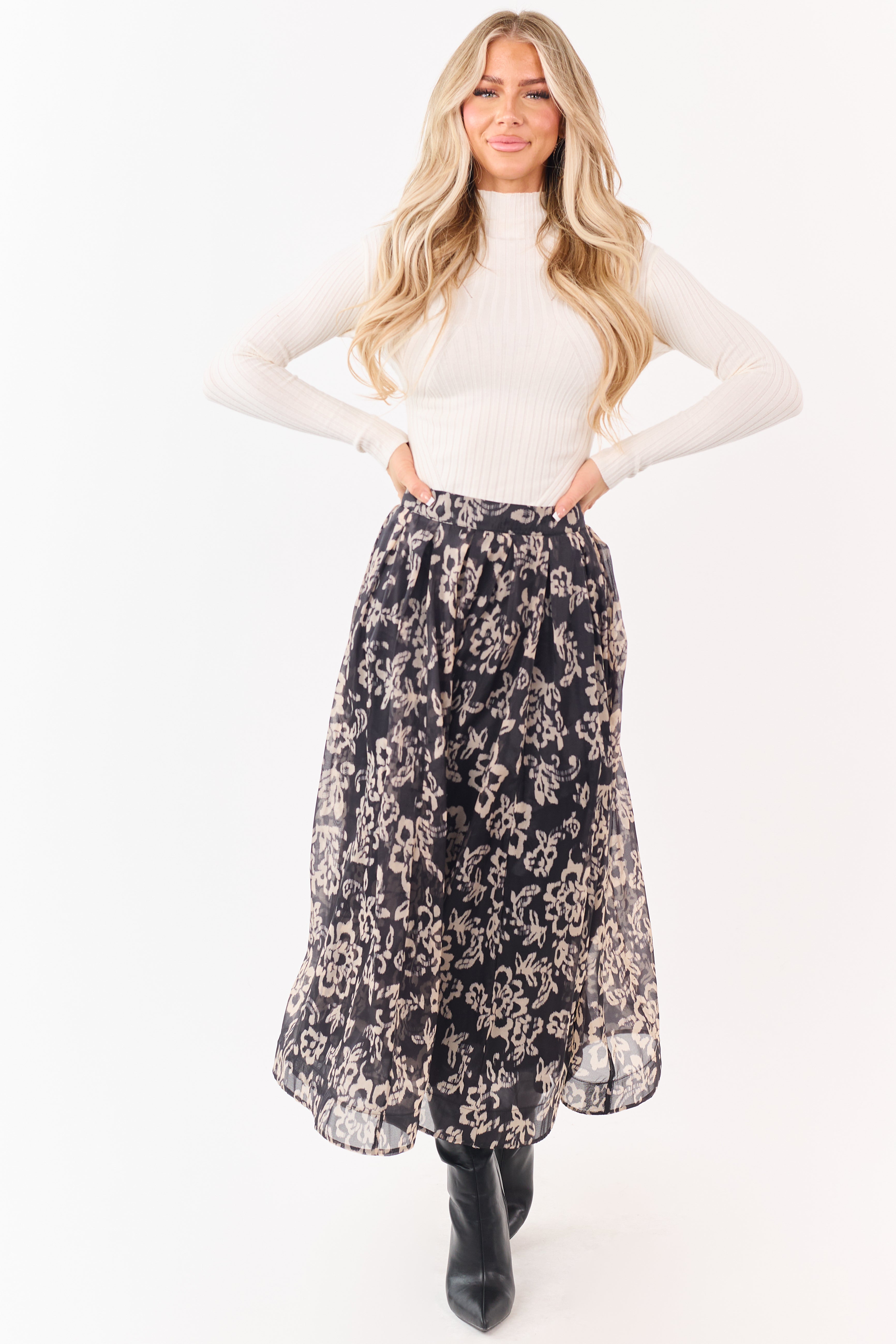 Black and Latte Floral Print Pleated Midi Skirt
