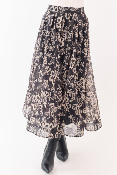 Black and Latte Floral Print Pleated Midi Skirt