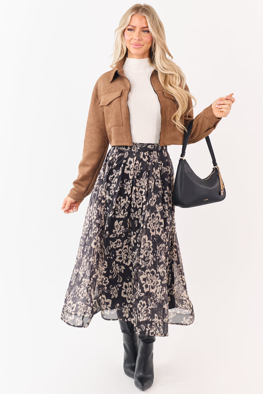 Black and Latte Floral Print Pleated Midi Skirt