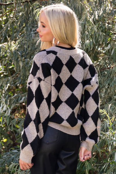 Black and Light Taupe Checkered Knit Cardigan