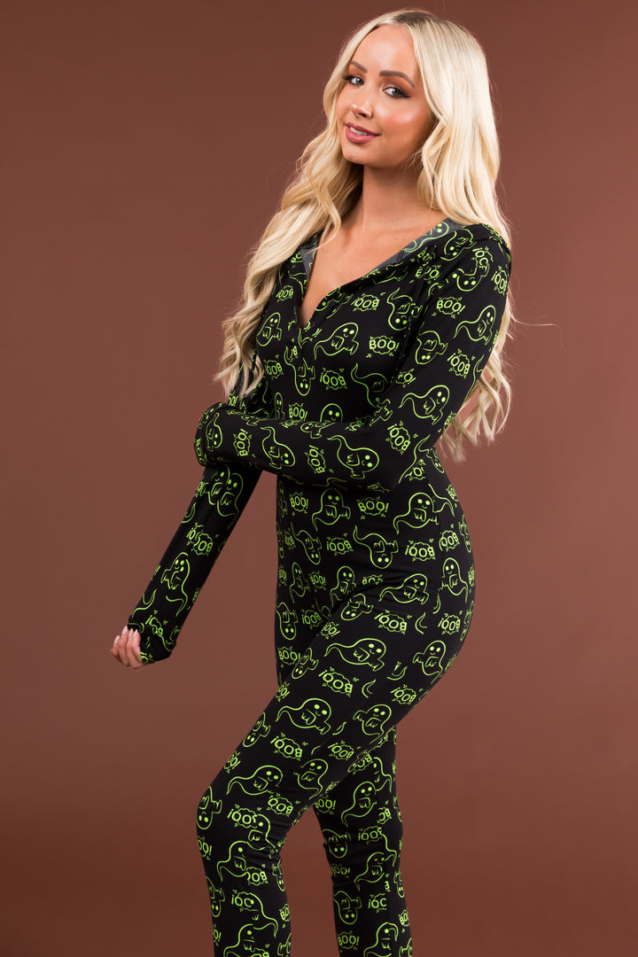 Black and Neon Green Ghost Button Up Onesie