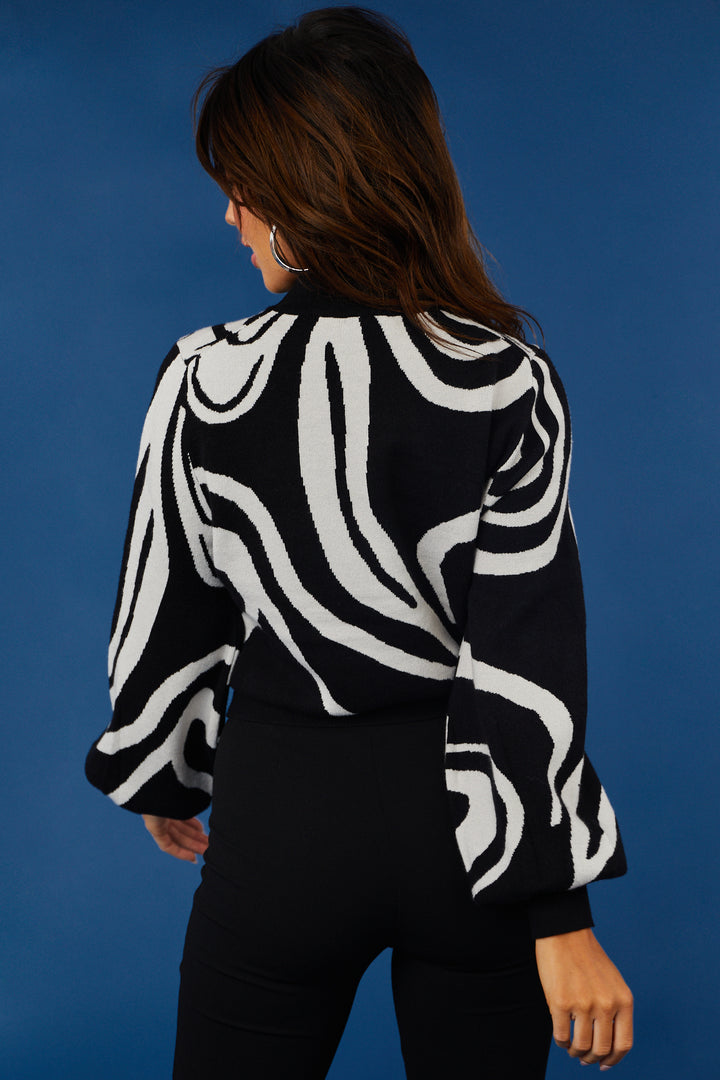 Black and Off White Abstract Print Sweater
