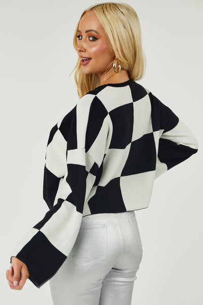 Black and Off White Checkered Cropped Sweater