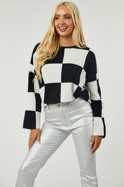 Black and Off White Checkered Cropped Sweater