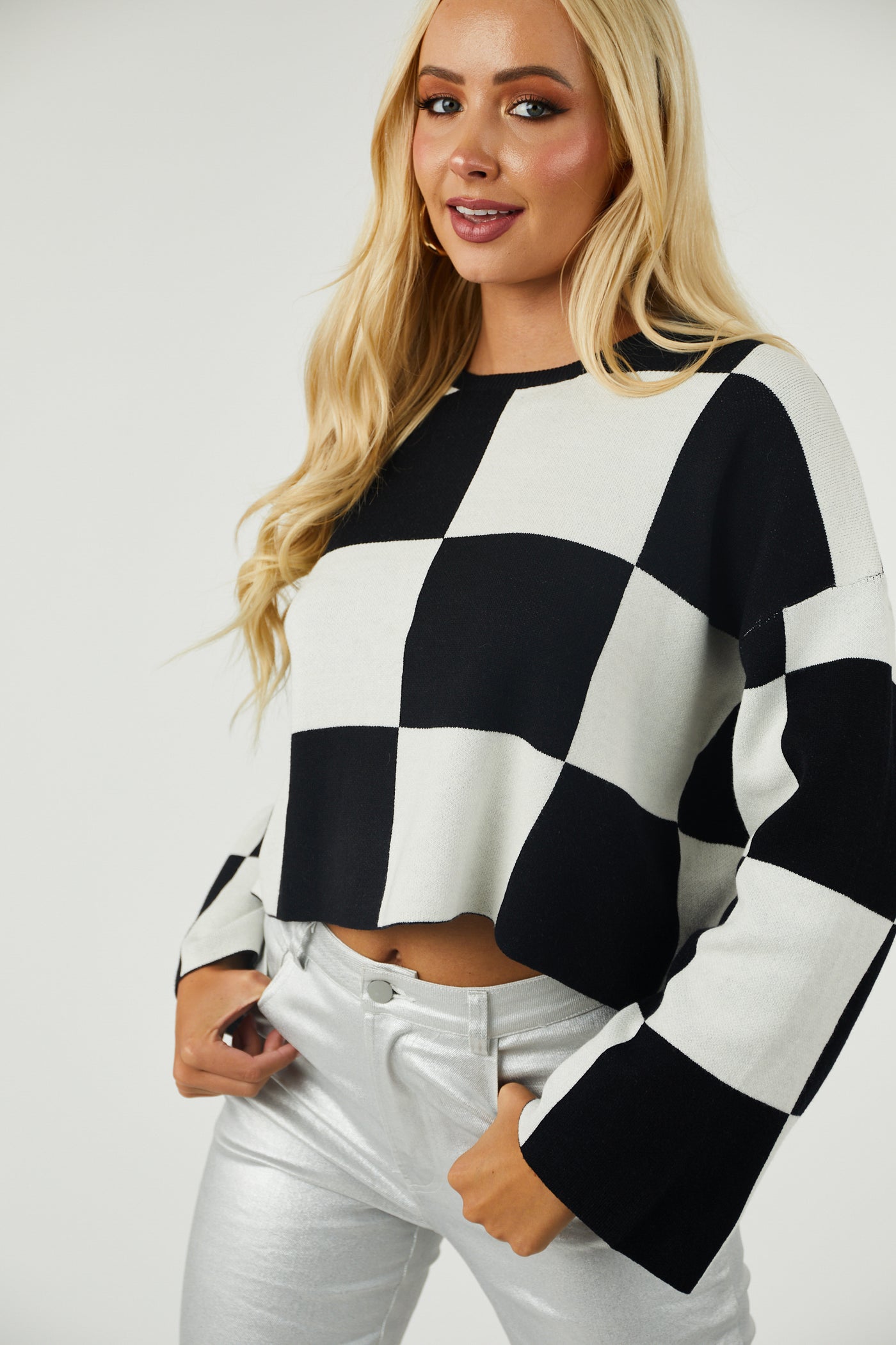 Black and Off White Checkered Cropped Sweater