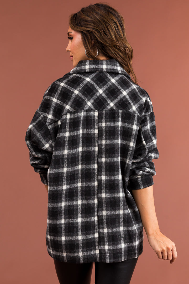 Black and Off White Plaid Button Up Shacket
