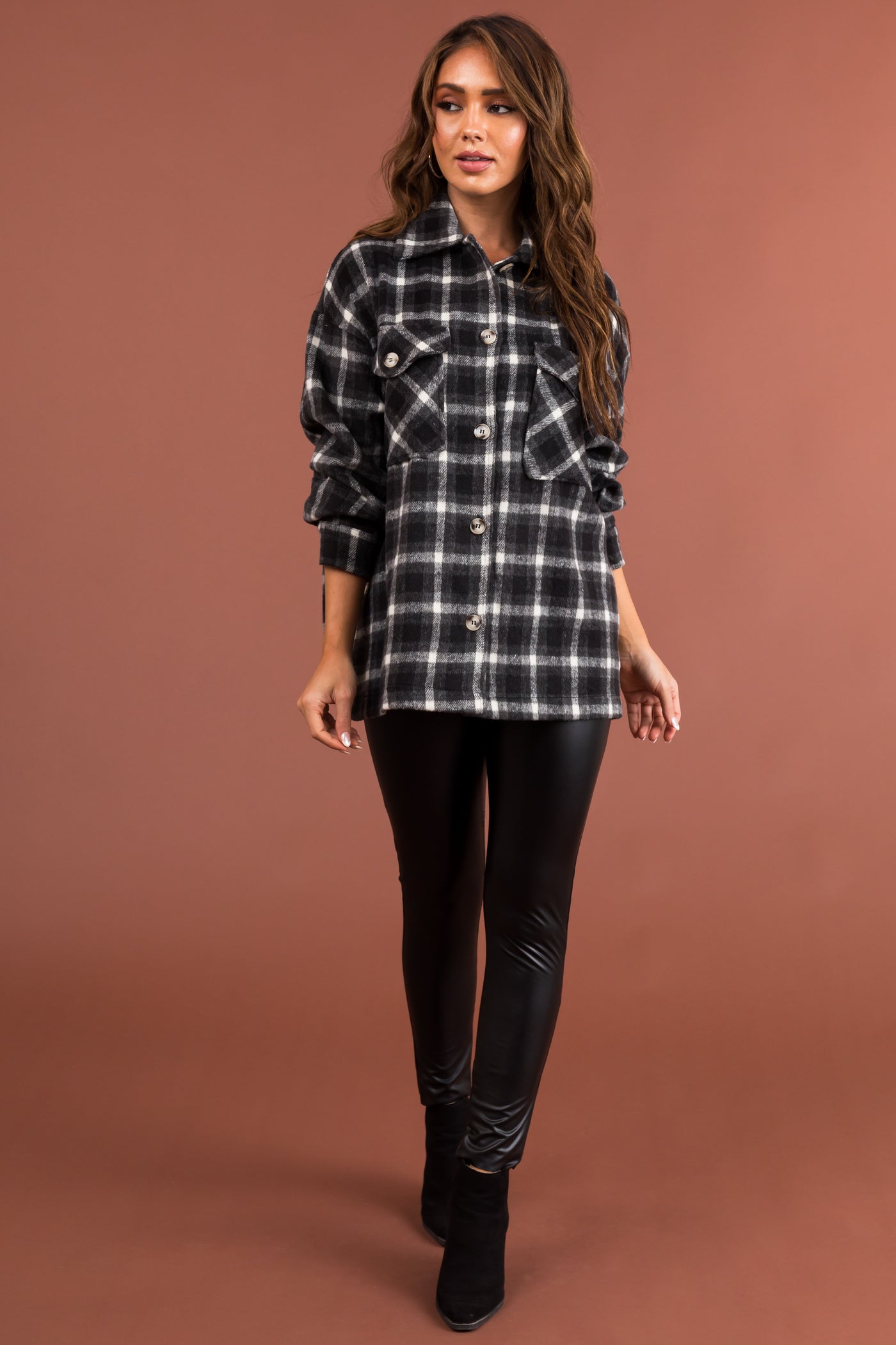 Black and Off White Plaid Button Up Shacket