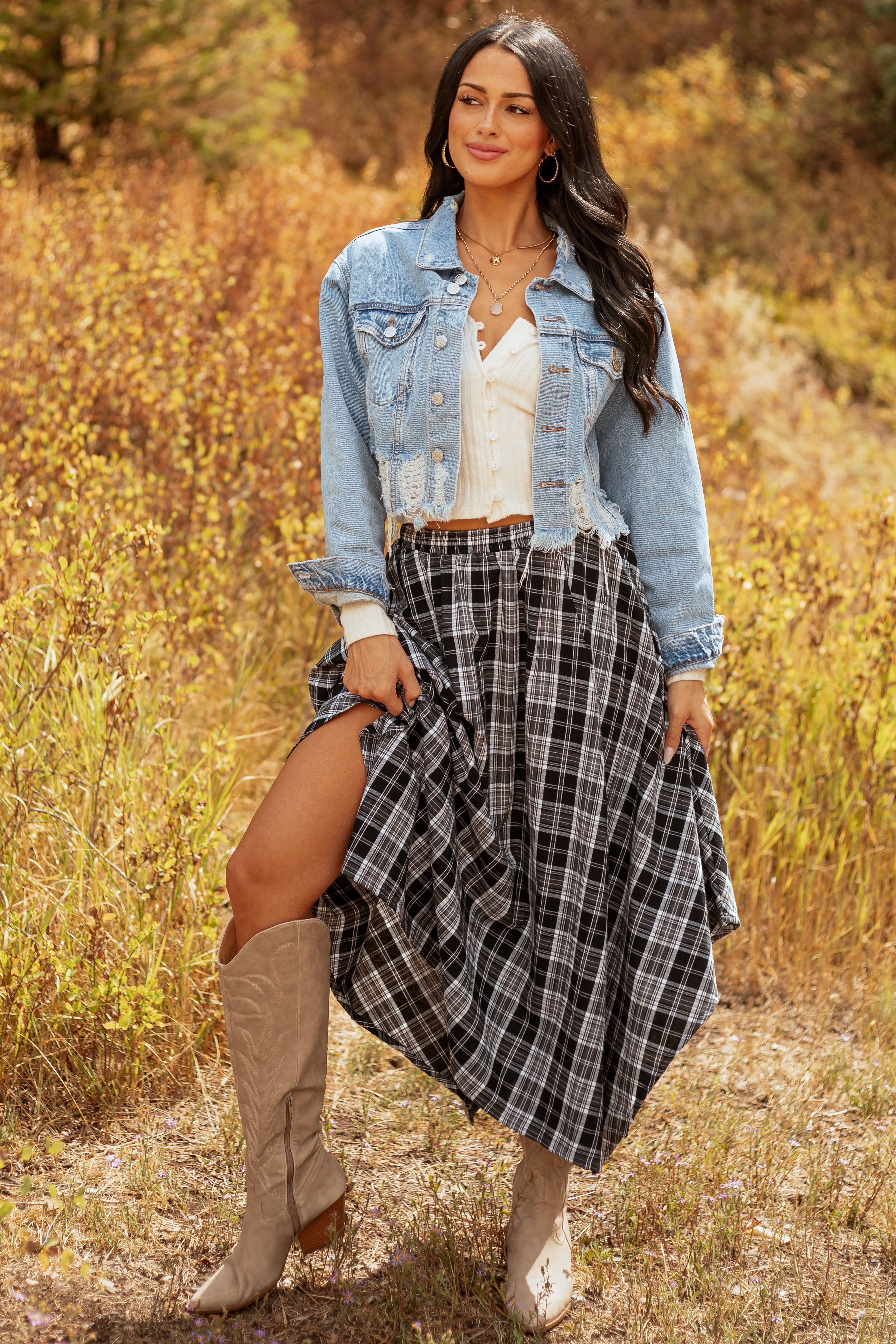 Black and Off White Plaid Cotton Midi Skirt | Lime Lush Boutique