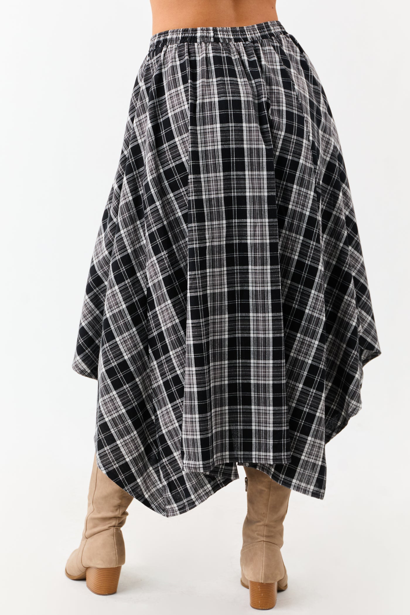 Black and Off White Plaid Cotton Midi Skirt