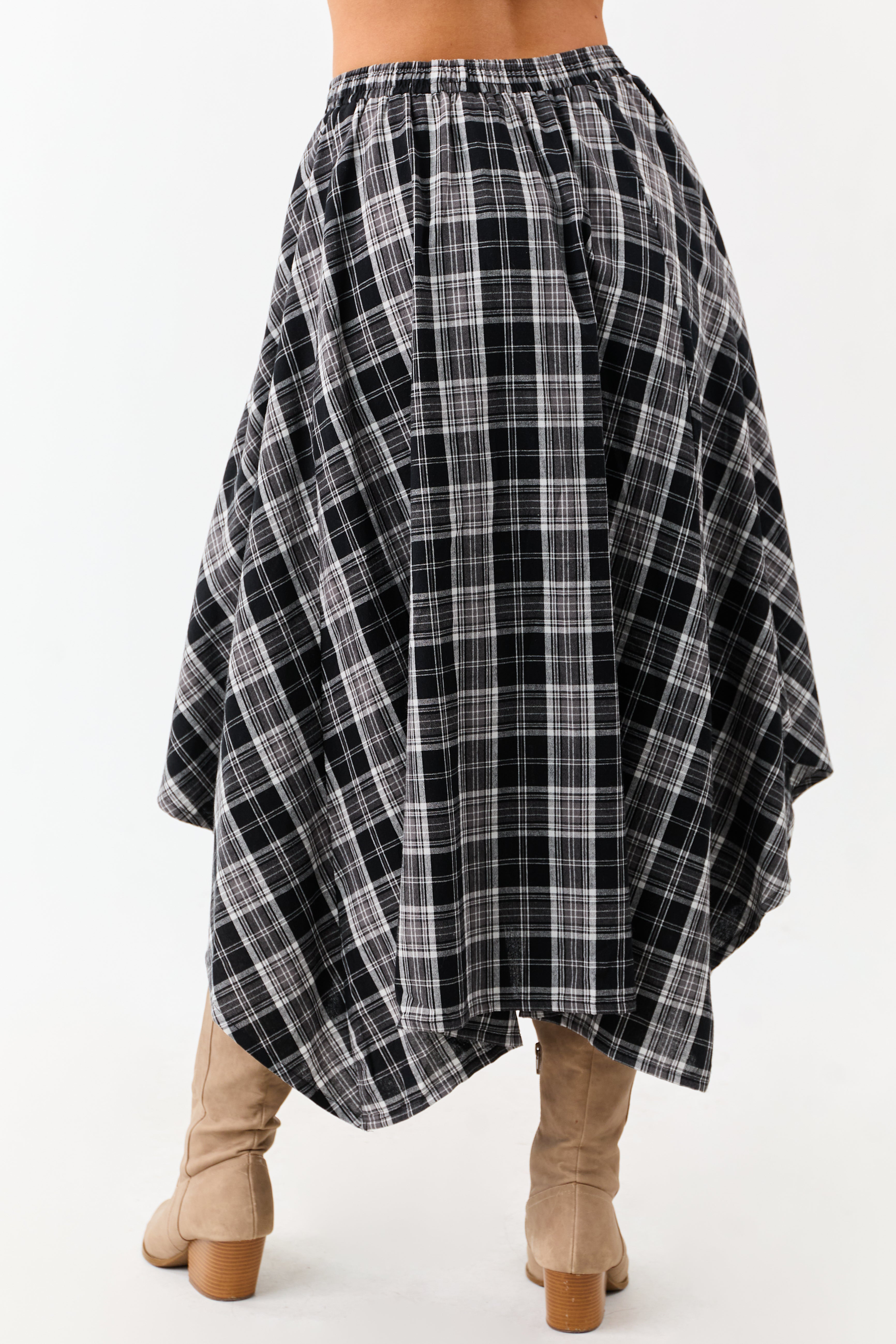 Black and Off White Plaid Cotton Midi Skirt