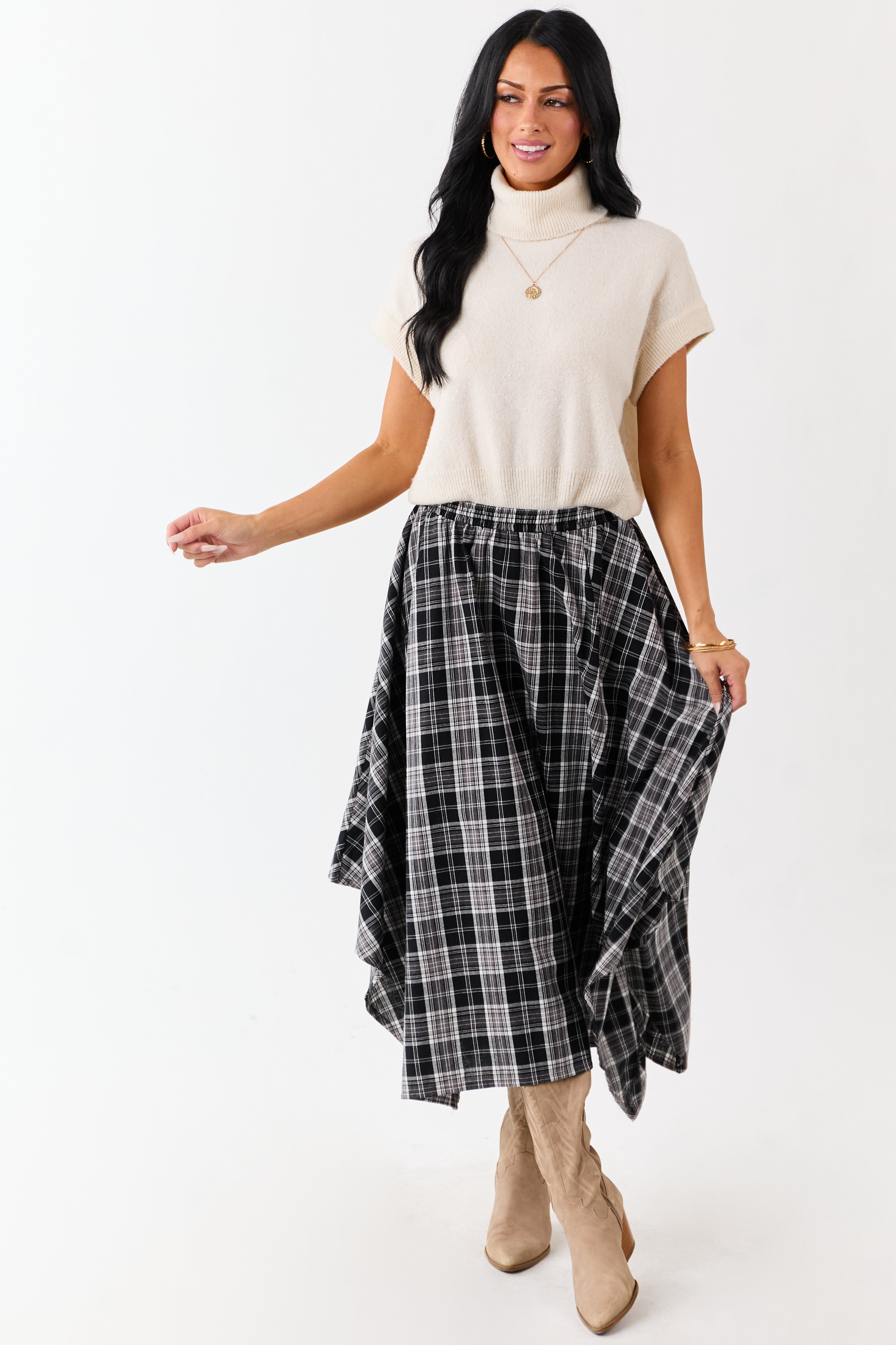 Black and Off White Plaid Cotton Midi Skirt