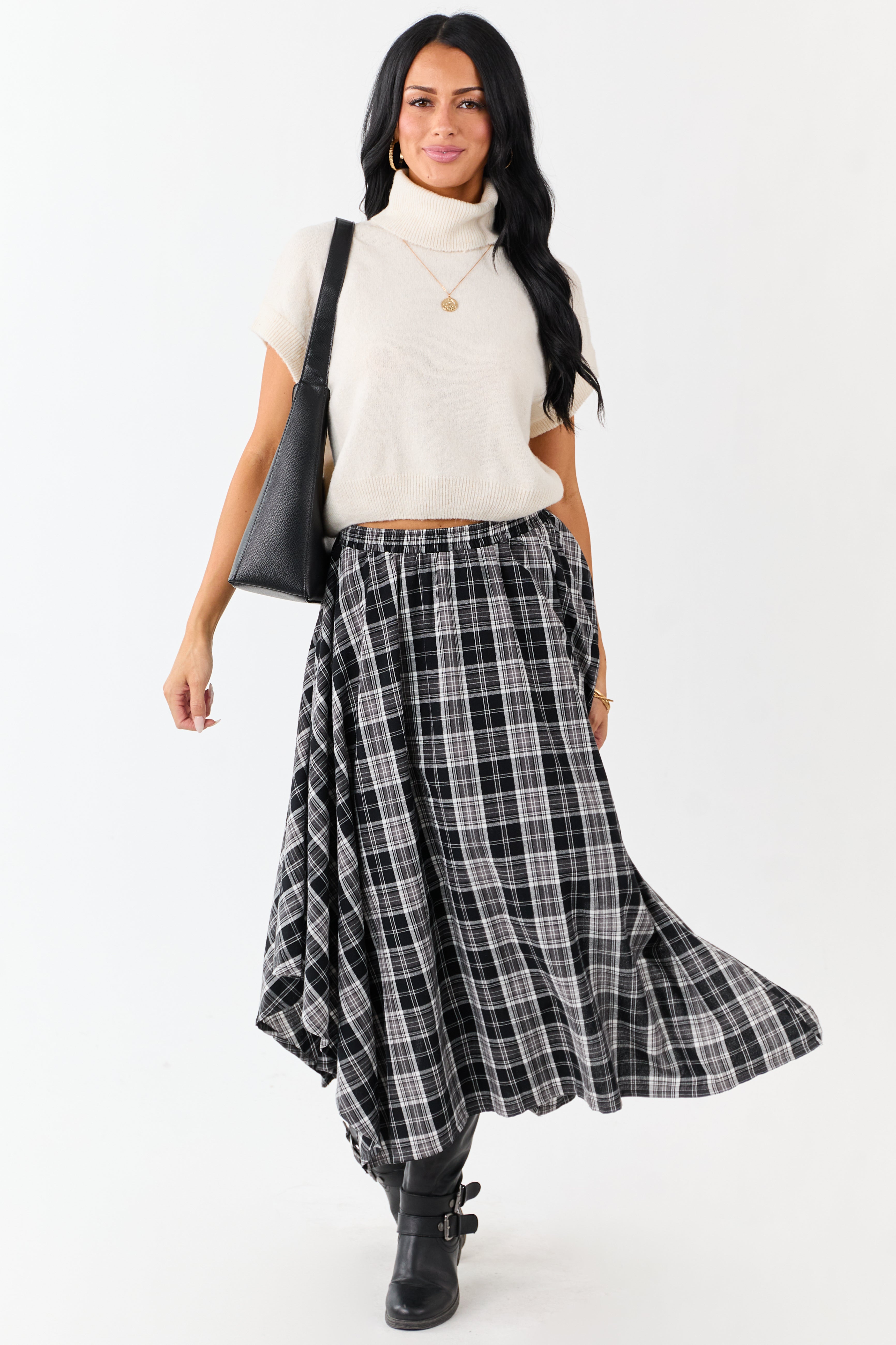 Black and Off White Plaid Cotton Midi Skirt