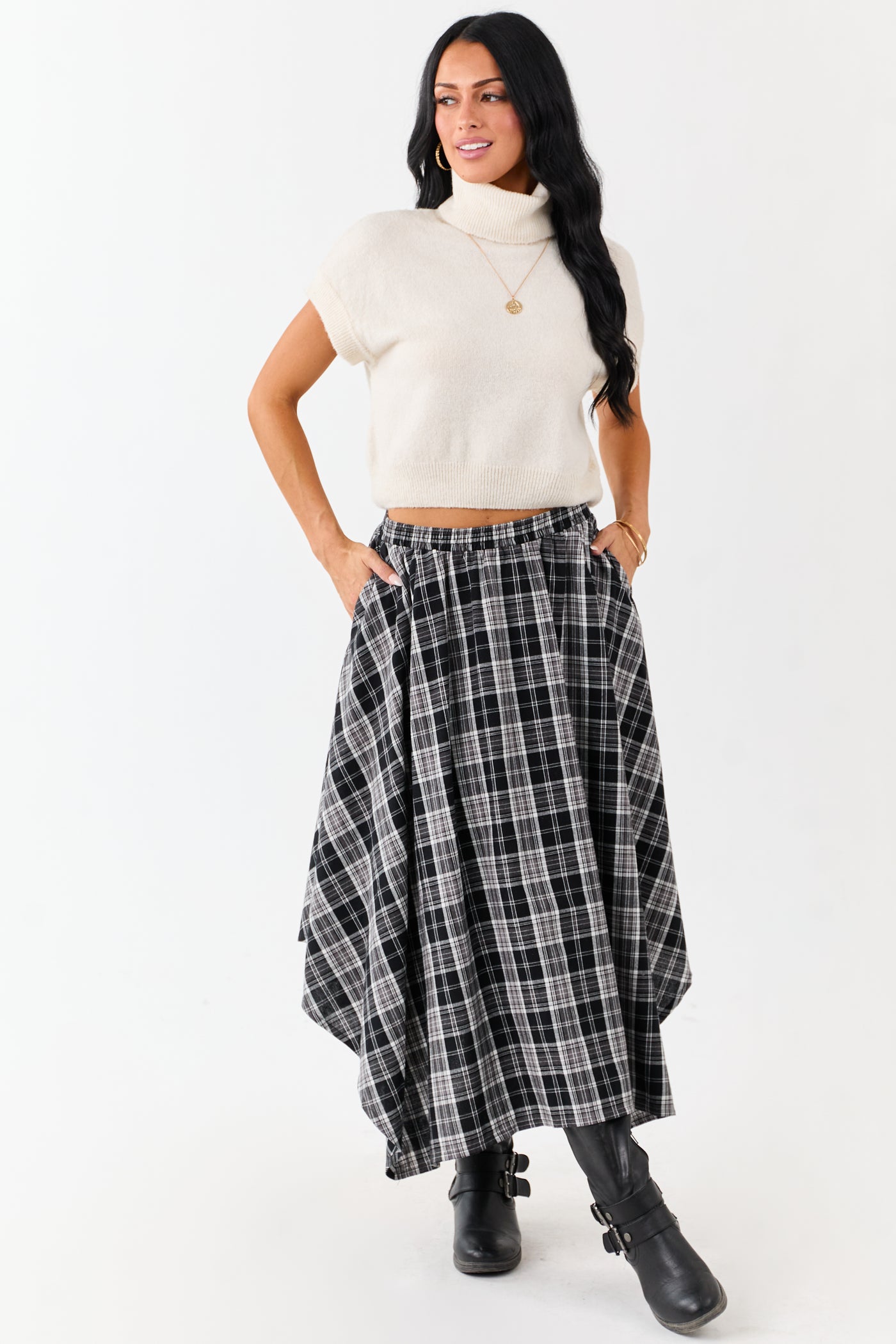 Black and Off White Plaid Cotton Midi Skirt