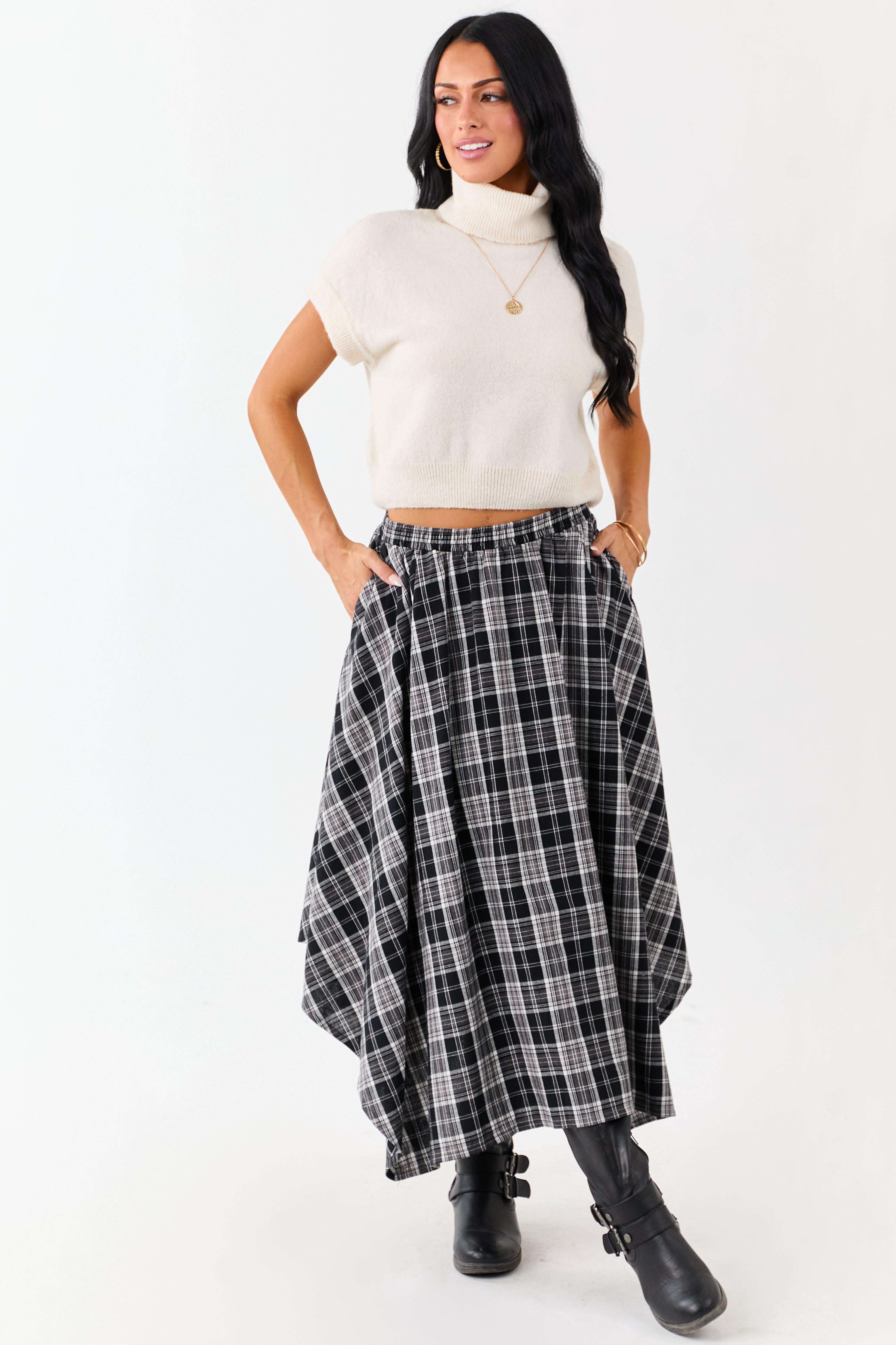 Black and Off White Plaid Cotton Midi Skirt