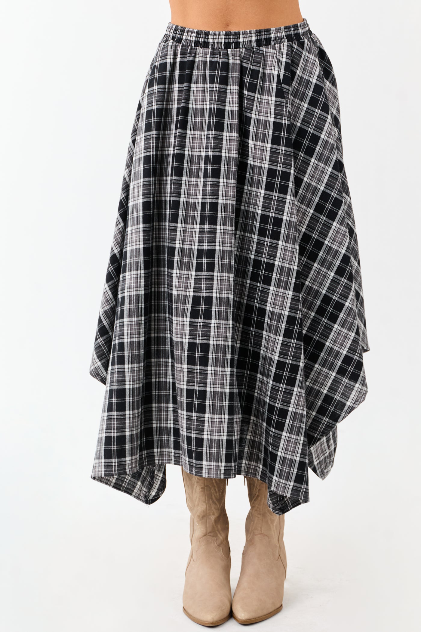 Black and Off White Plaid Cotton Midi Skirt