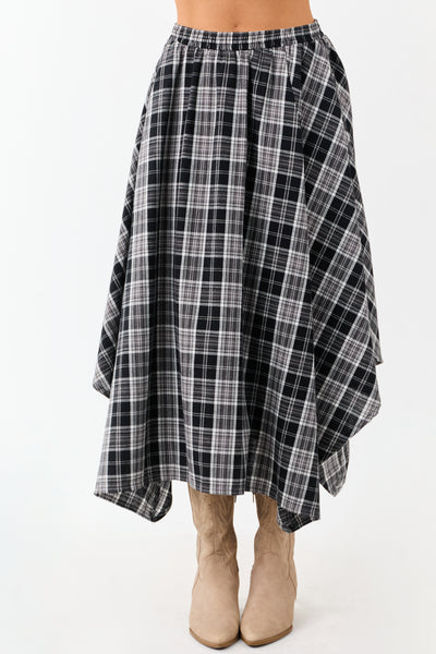 Black and Off White Plaid Cotton Midi Skirt
