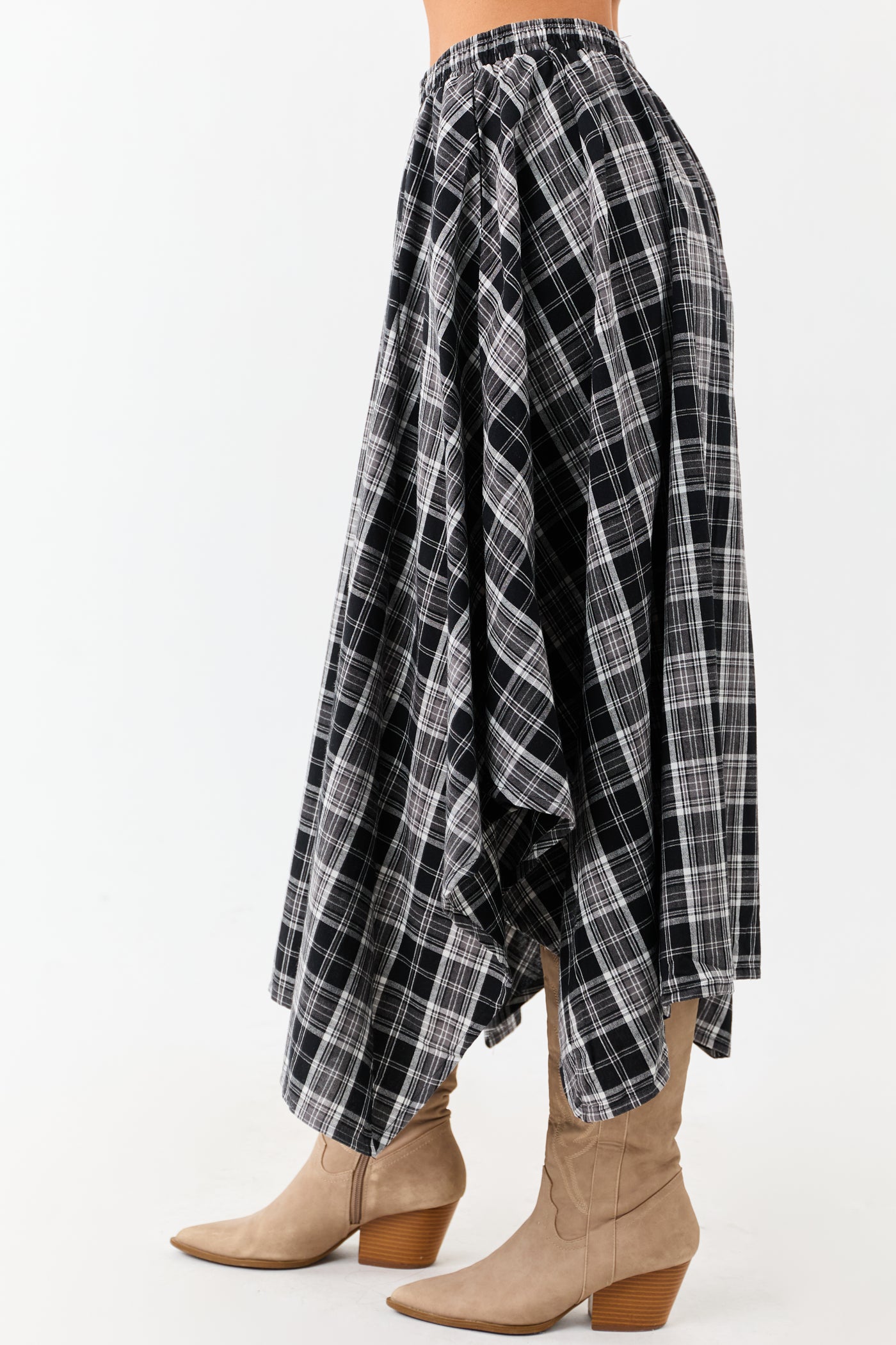 Black and Off White Plaid Cotton Midi Skirt