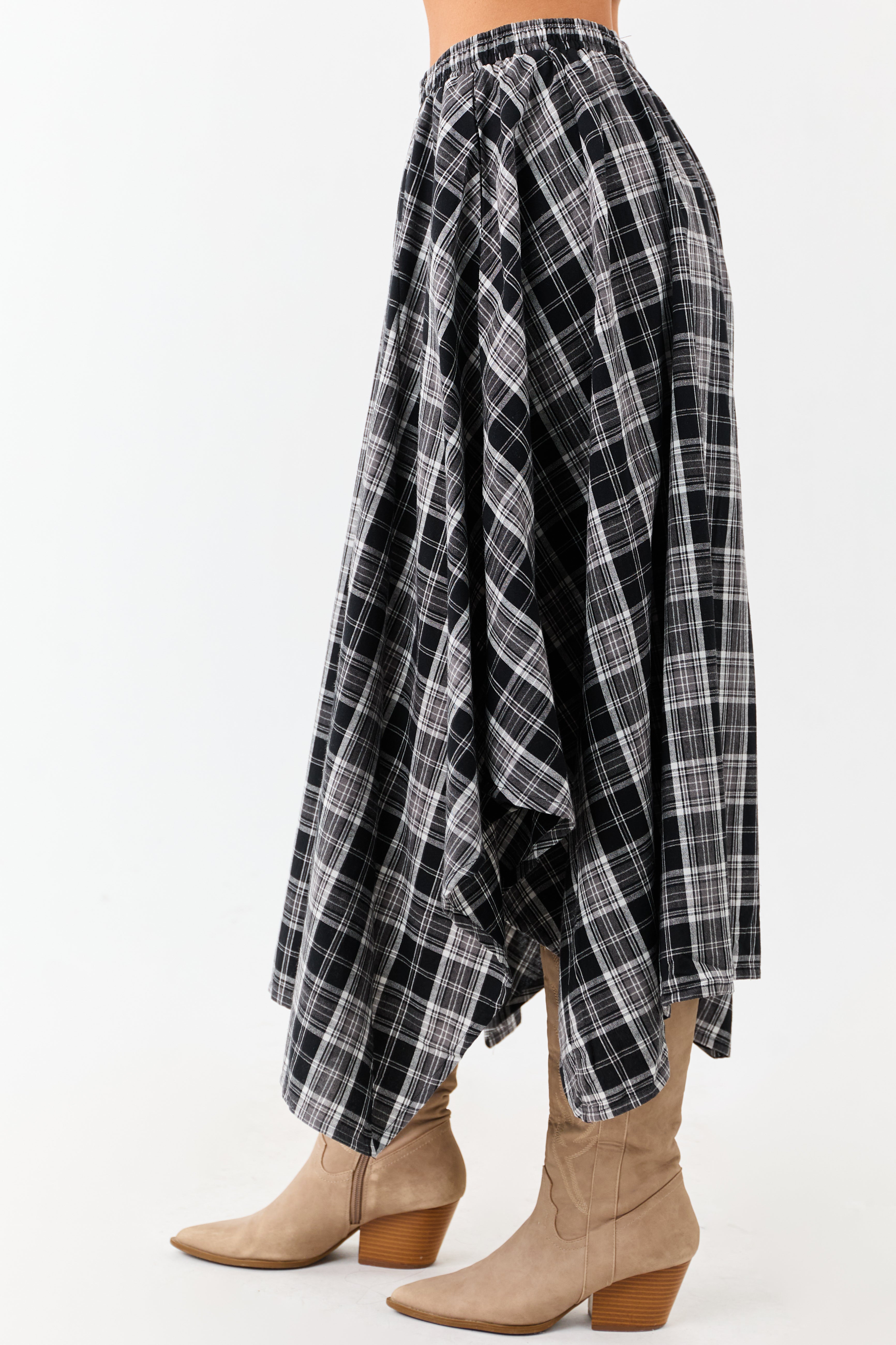 Black and Off White Plaid Cotton Midi Skirt