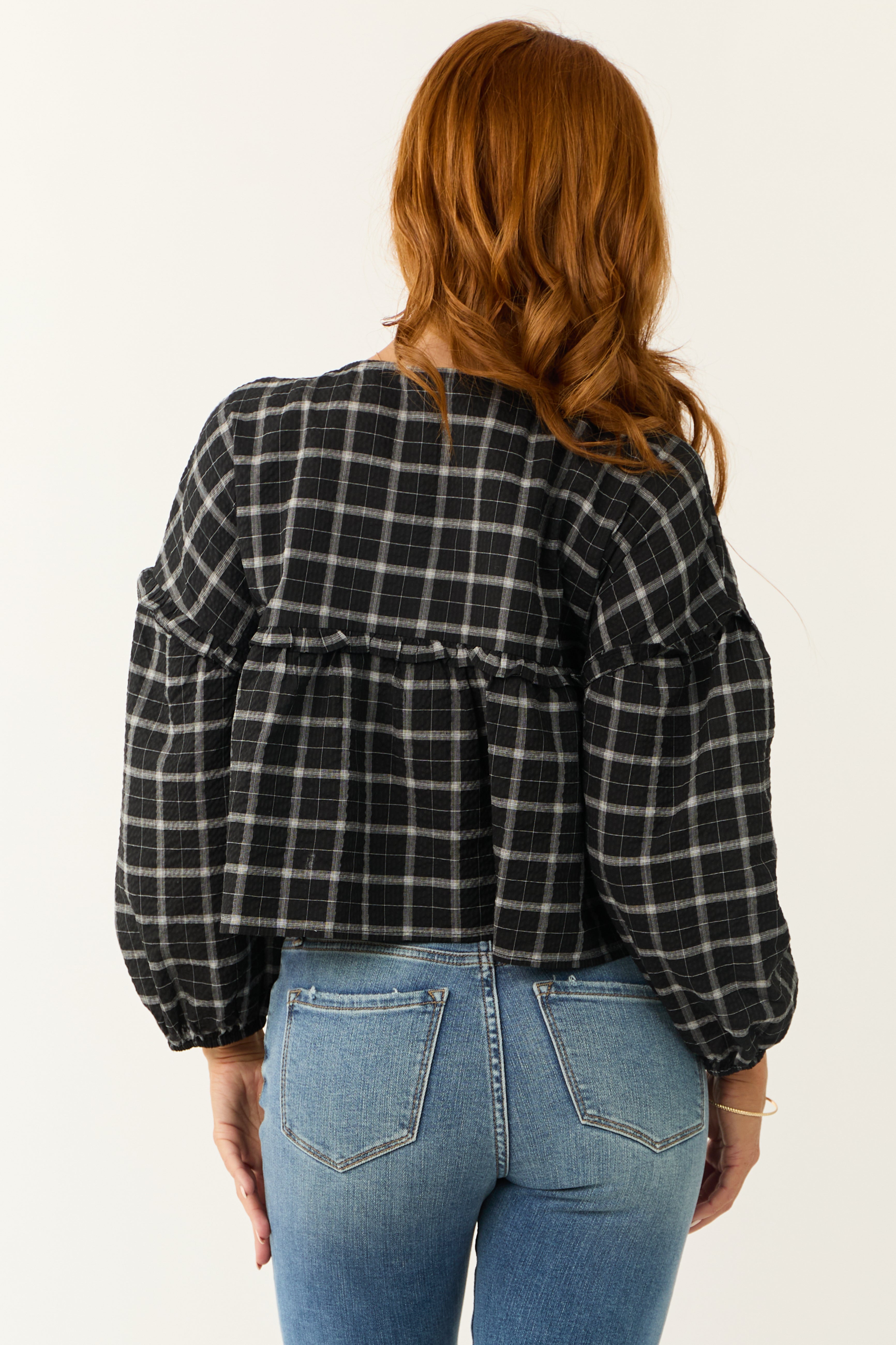 Black and Off White Plaid Long Sleeve Top