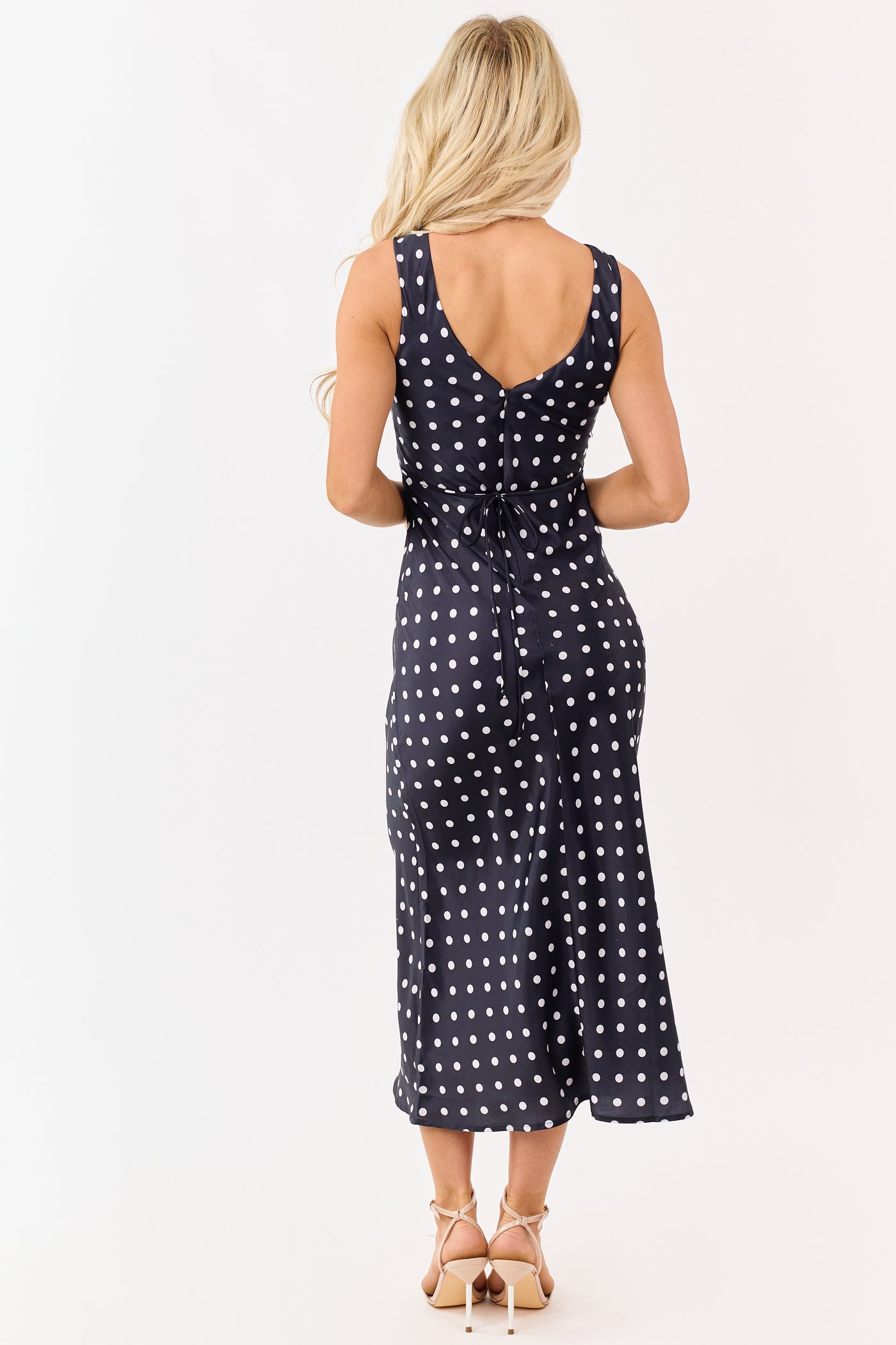 Black and Off White Polka Dot Satin Midi Dress