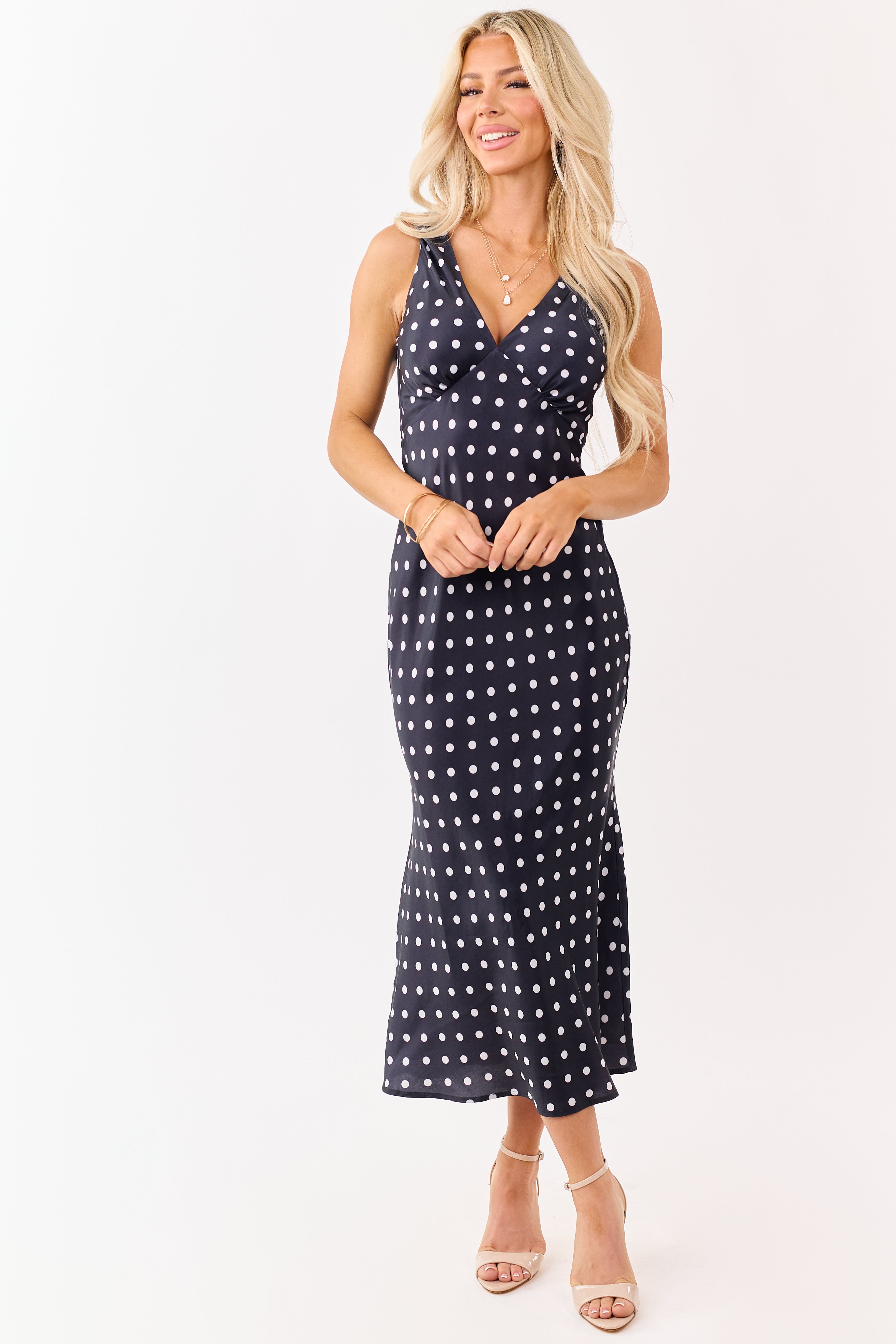 polka dot dress satin MORANE Brown Satin Polka Dot Romantic Long Dress with Puffy Sleeves Maisoncleo