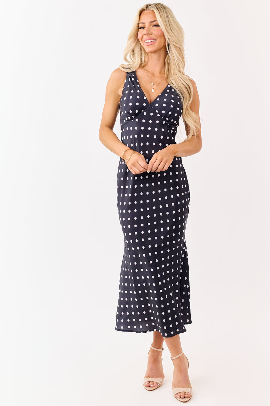 Black and Off White Polka Dot Satin Midi Dress