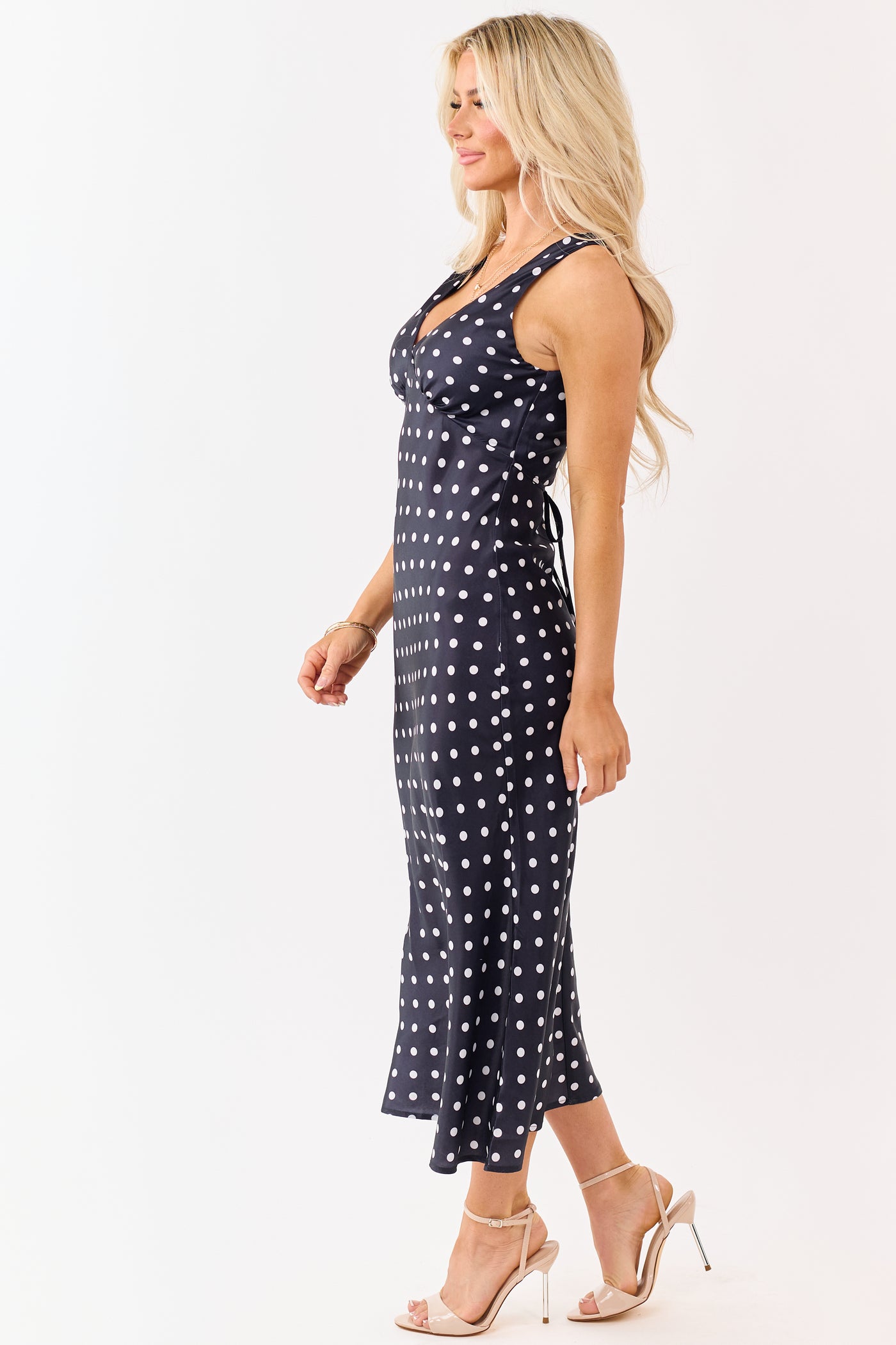 Black and Off White Polka Dot Satin Midi Dress