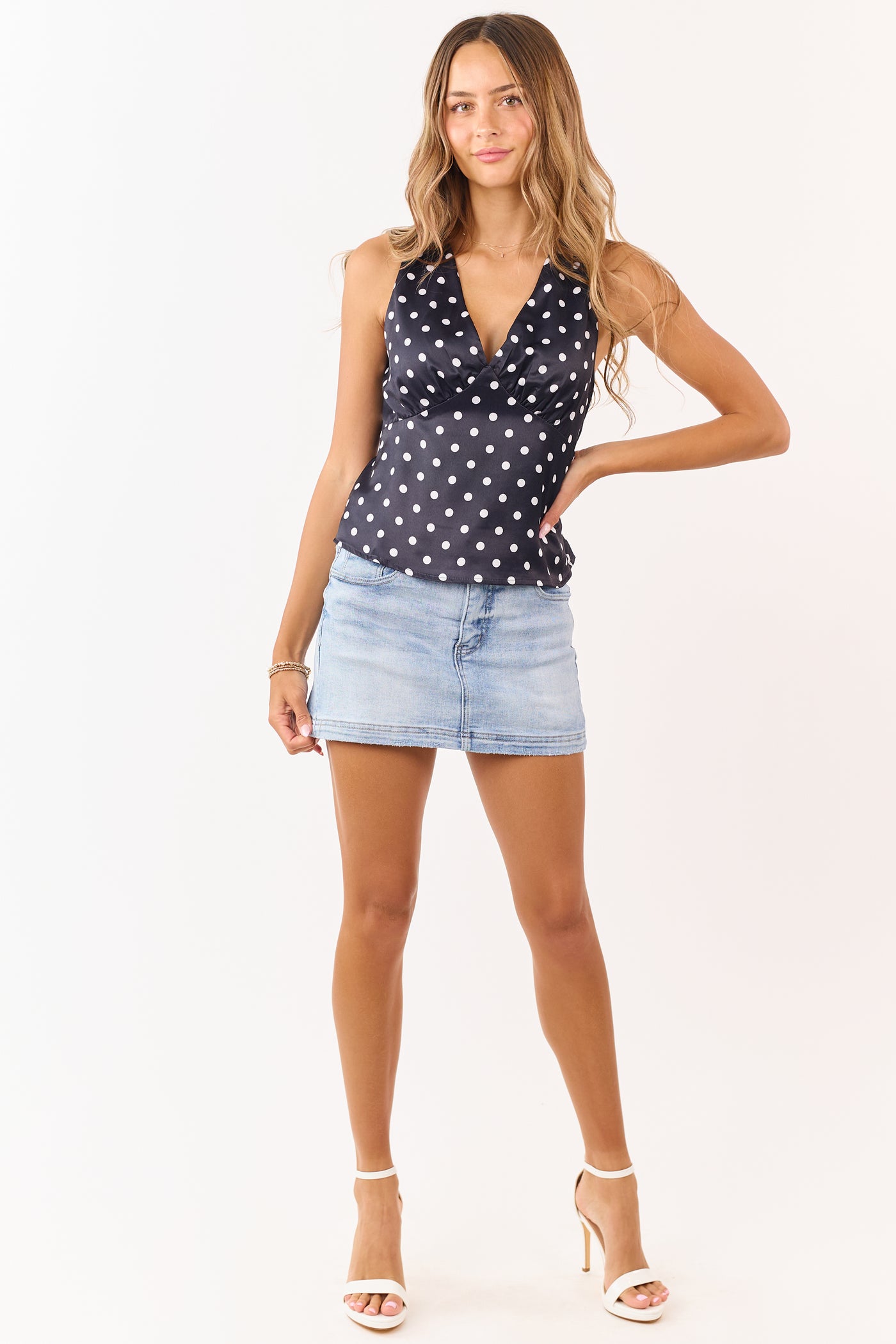 Black and Off White Polka Dot Satin Tank Top