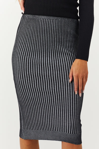 Black and Off White Ribbed Knit Midi Skirt