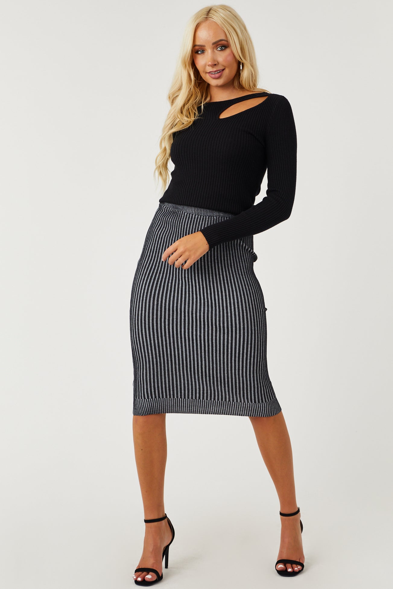 Black and Off White Ribbed Knit Midi Skirt | Lime Lush