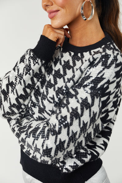 Black and Off White Sequin Houndstooth Sweater