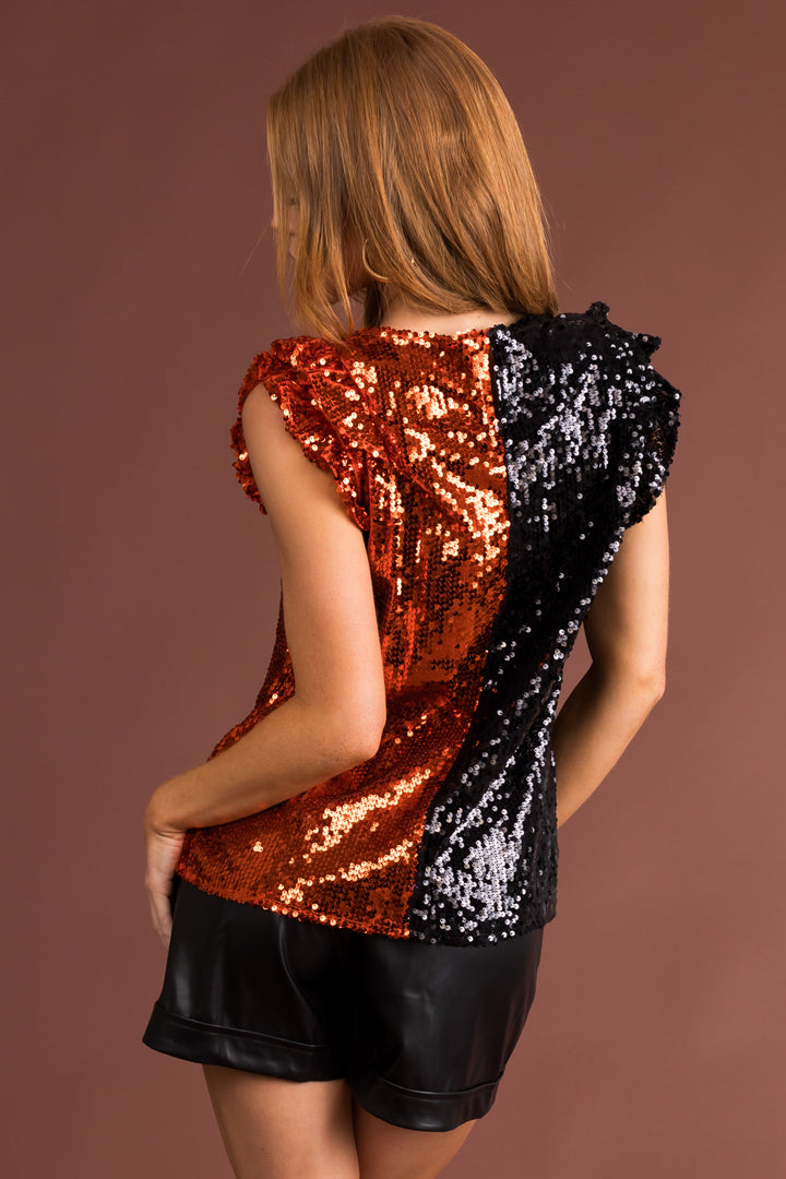 Black and Pumpkin Colorblock Sequined Top
