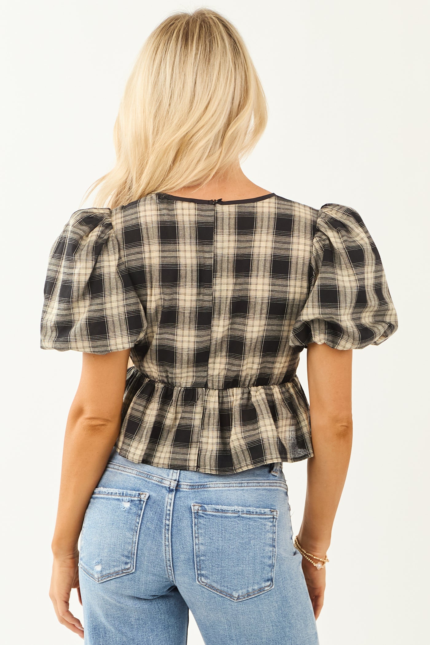 Black and Sand Plaid Puff Sleeve Peplum Top