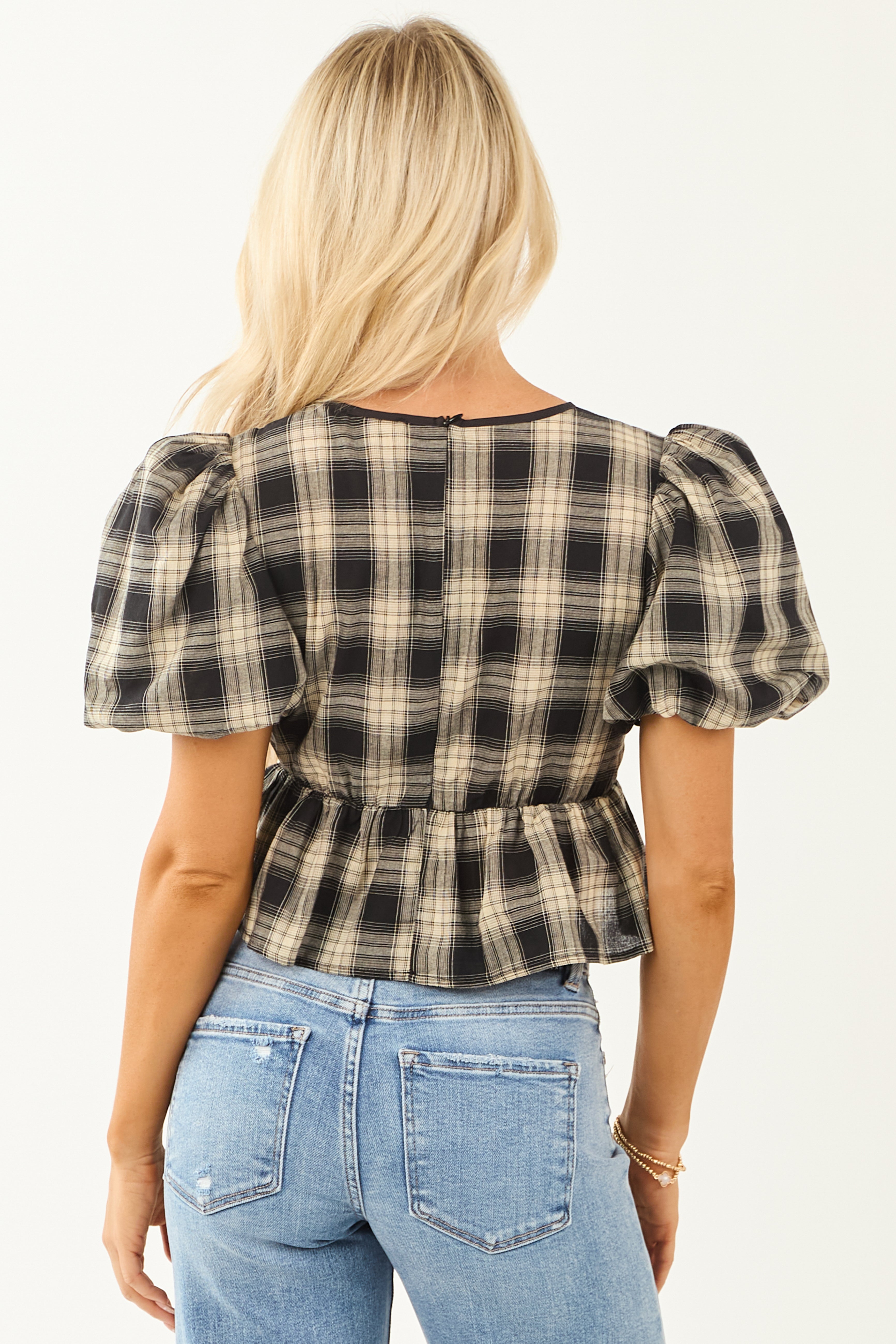 Black and Sand Plaid Puff Sleeve Peplum Top
