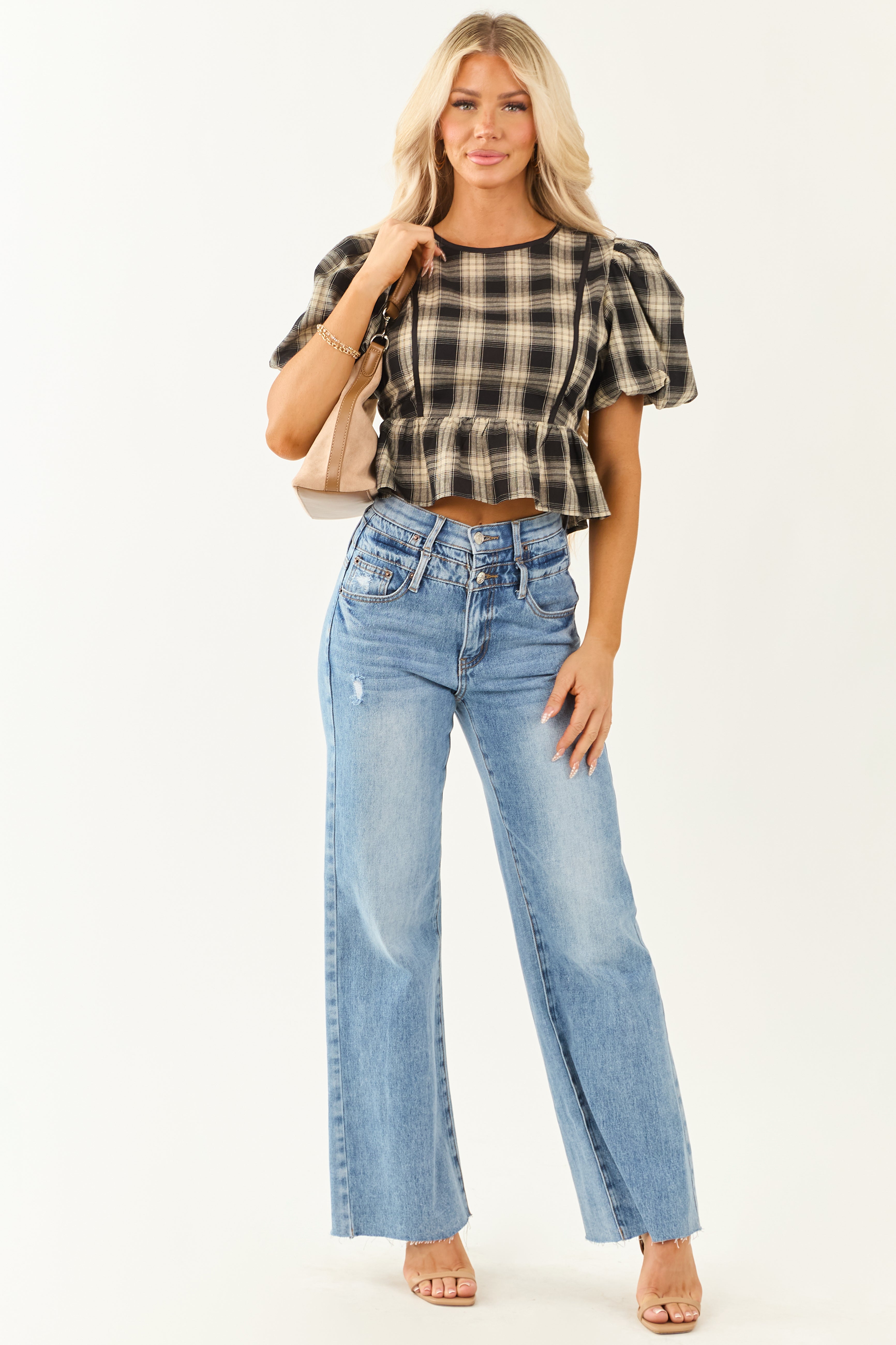 Black and Sand Plaid Puff Sleeve Peplum Top | Lime Lush Boutique