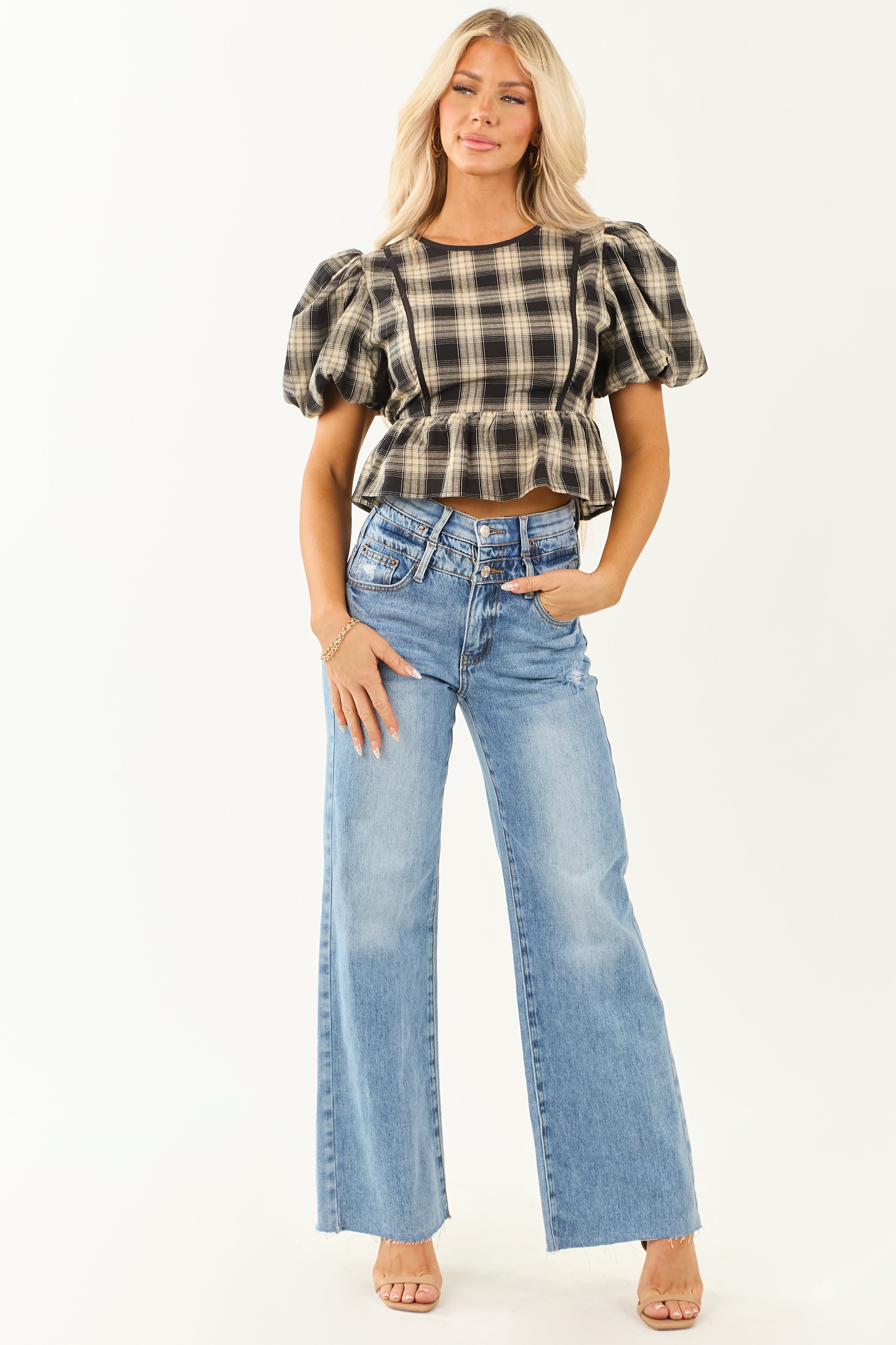 Black and Sand Plaid Puff Sleeve Peplum Top