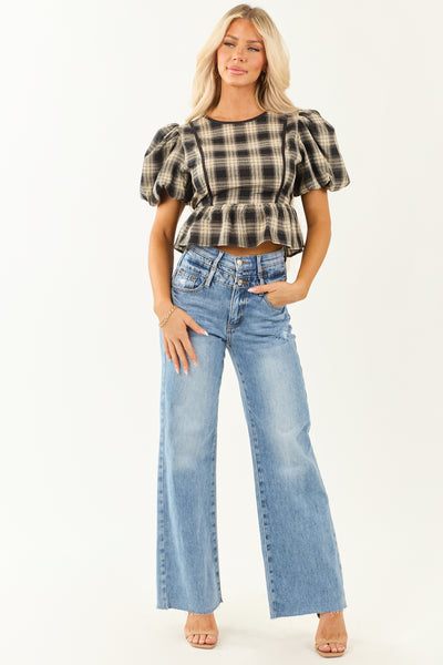 Black and Sand Plaid Puff Sleeve Peplum Top