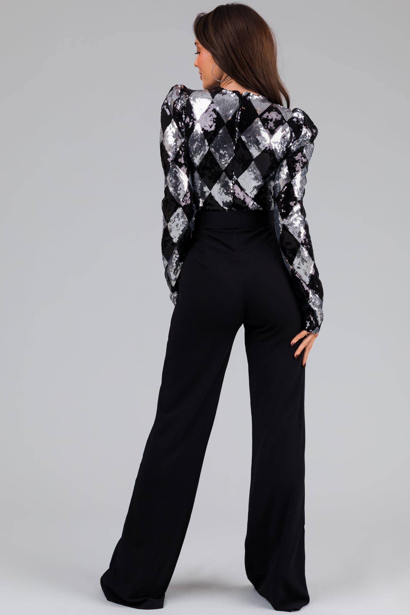 Black and Silver Rhombus Sequin Print Jumpsuit