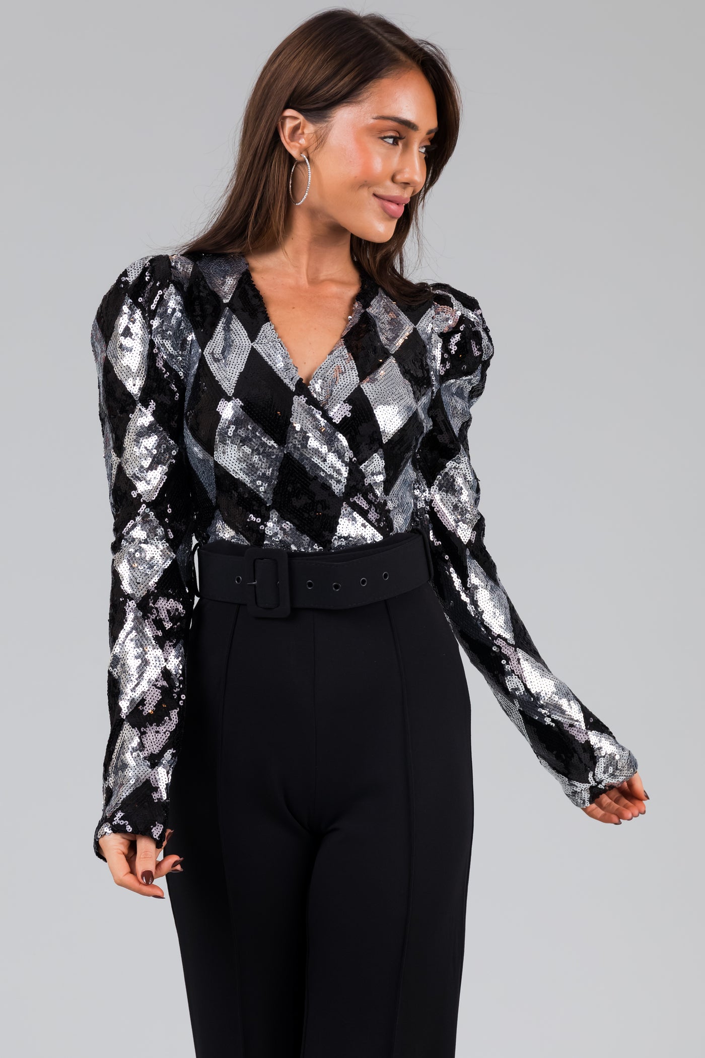 Black and Silver Rhombus Sequin Print Jumpsuit