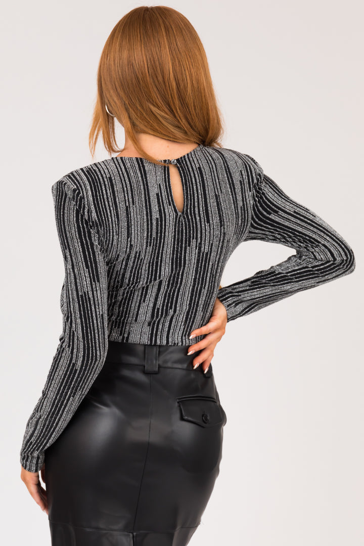 Black and Silver Shimmery Long Sleeve Bodysuit