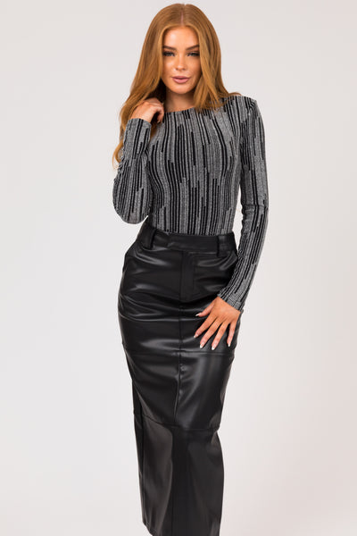 Black and Silver Shimmery Long Sleeve Bodysuit