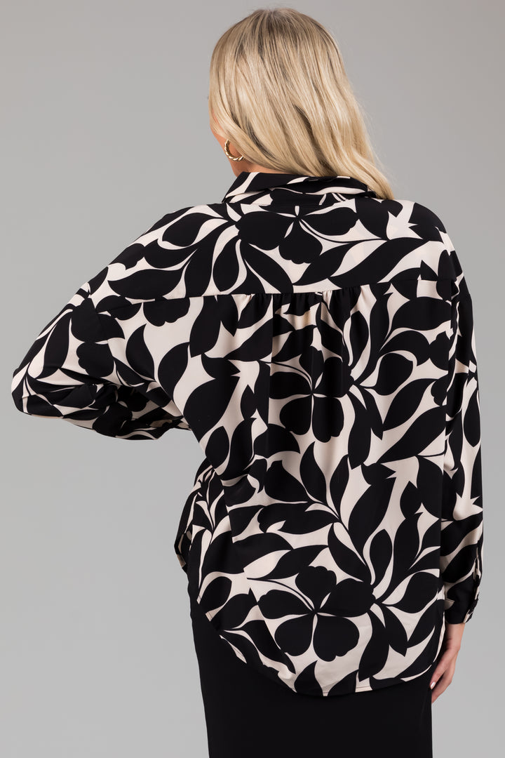Black and Vanilla Leaf Print Button Up Blouse