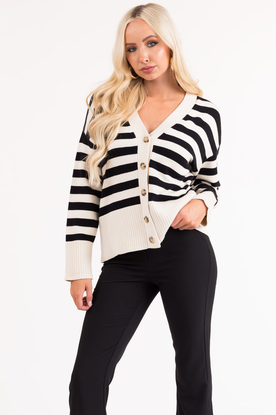 Black and Vanilla Striped Button Up Cardigan