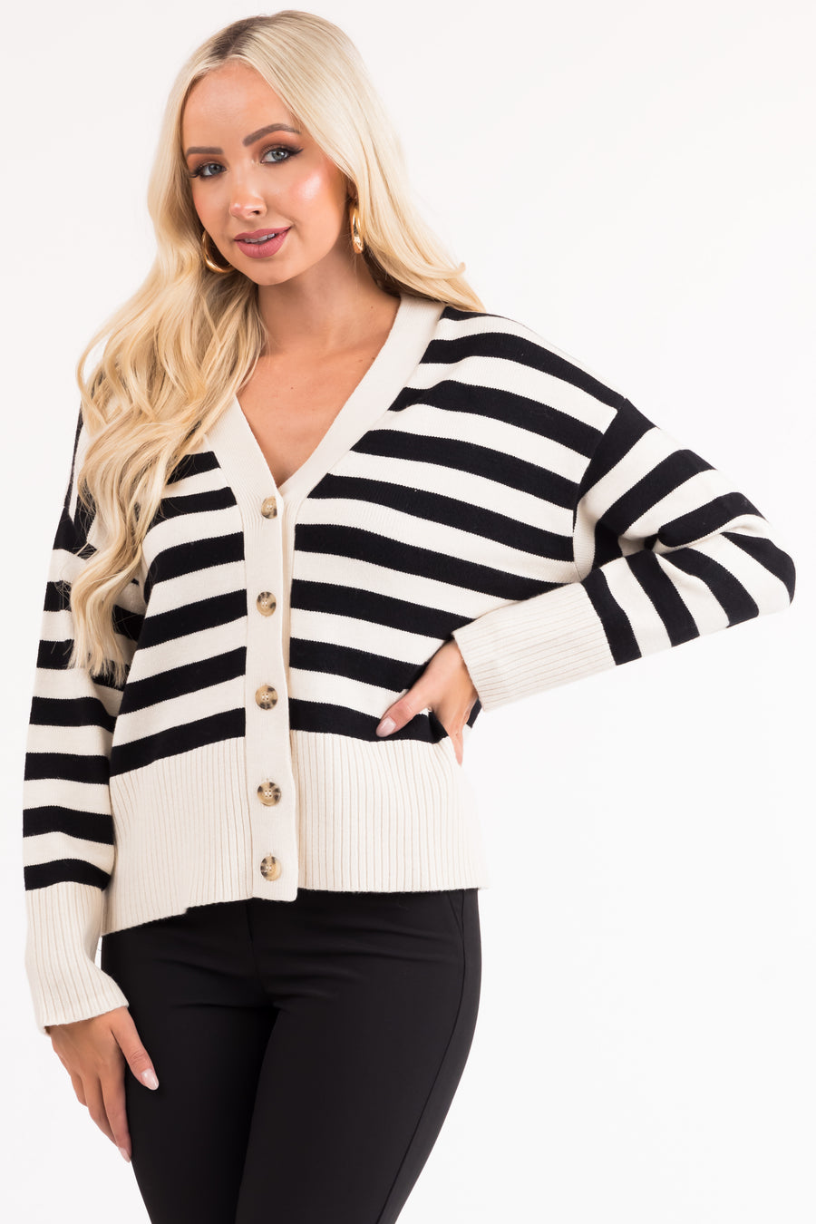 Black and Vanilla Striped Button Up Cardigan