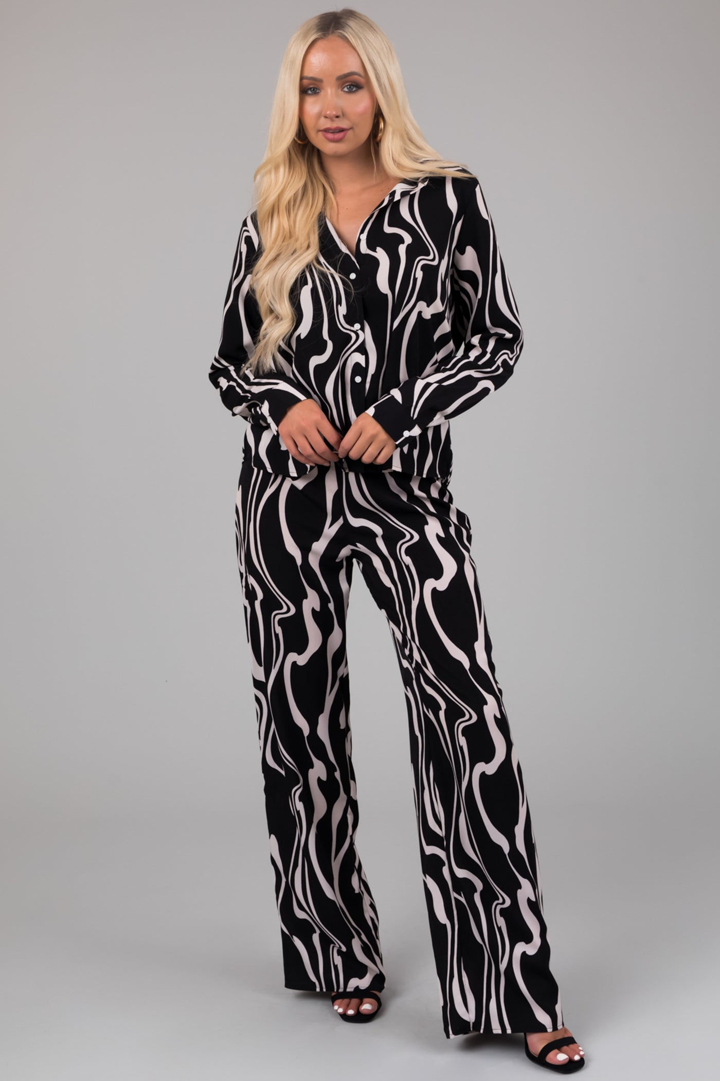 Black and White Abstract Print Top and Pants Set