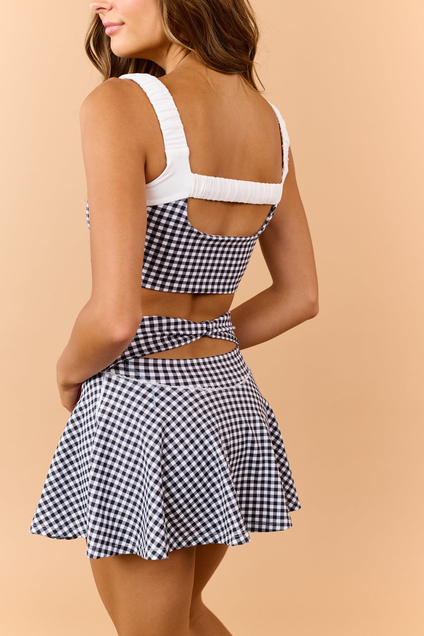 Black and White Gingham Back Bow Strap Mini Skort