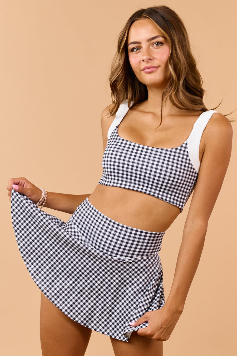 Black and White Gingham Scrunch Strap Sports Bra