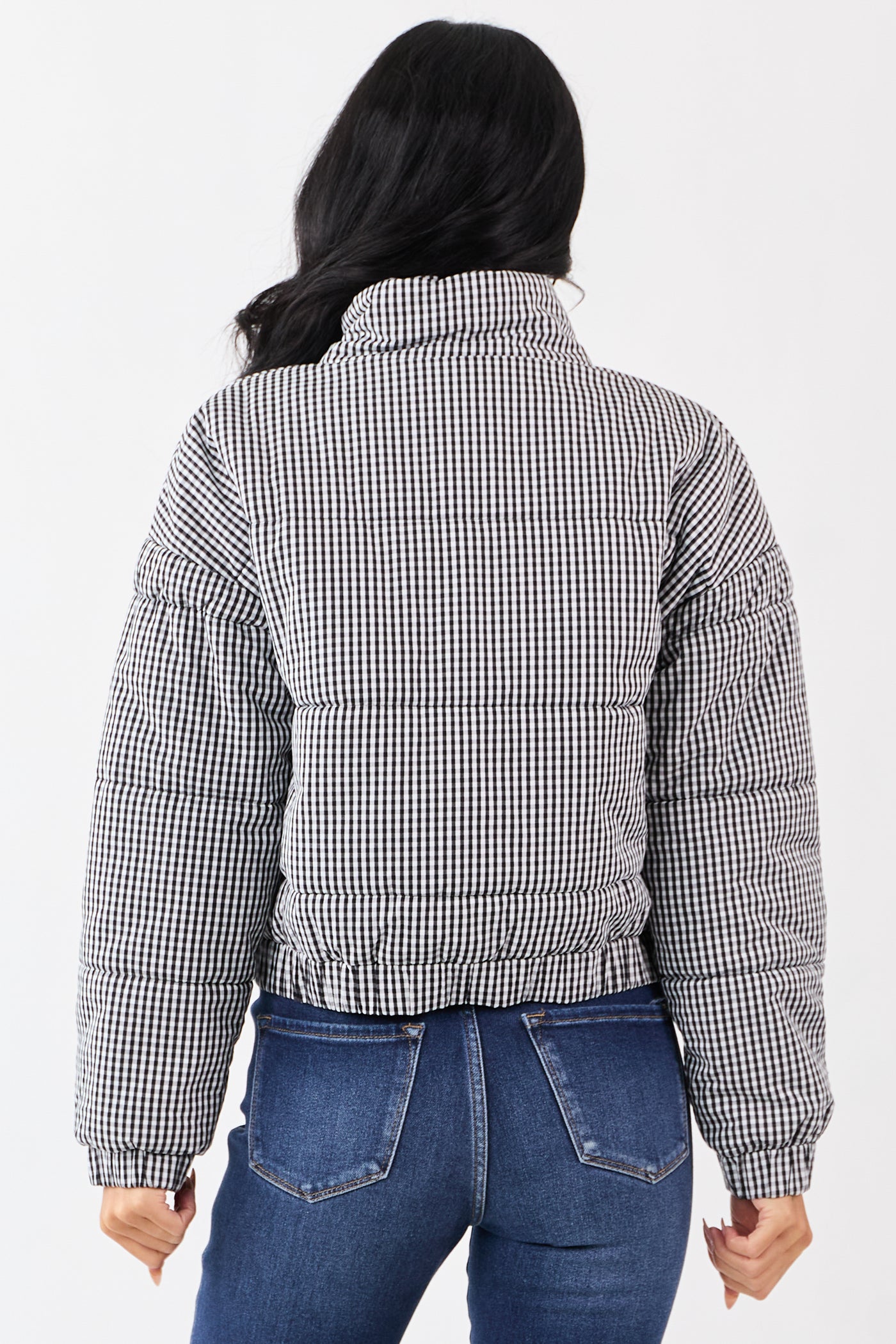 Black and White Gingham Zip Up Cotton Puffer Jacket